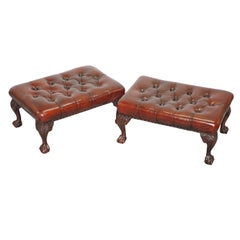 Vintage Pair of Fully Restored Claw & Ball Feet Oxblood Leather Chesterfield Footstools
