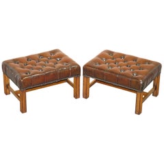 Pair of Fully Restored Deep Cigar Brown Leather Chesterfield Tufted Footstools