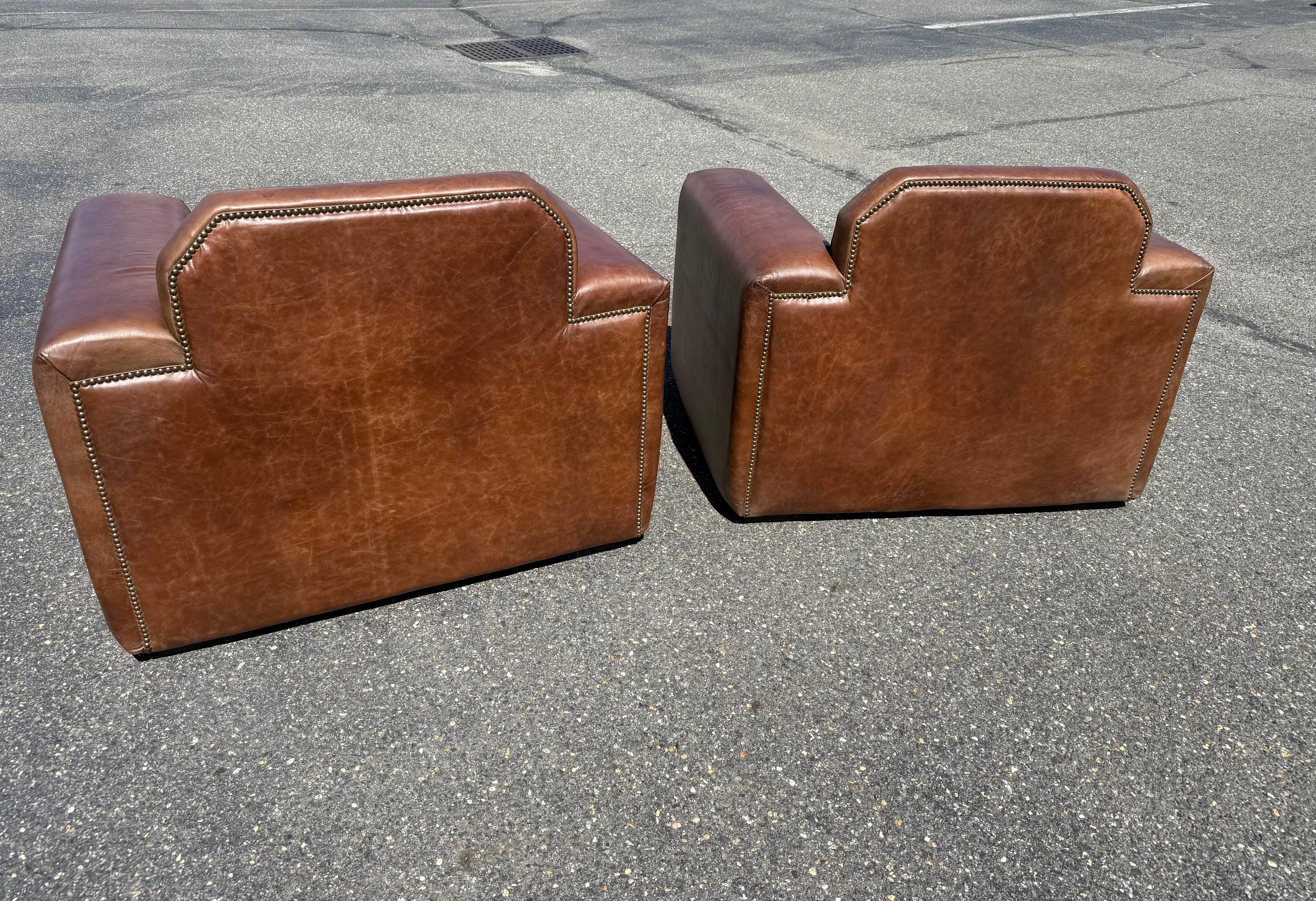 Pair of Fully Restored French Art Deco Two-Tone Leather Club Chairs For Sale 6