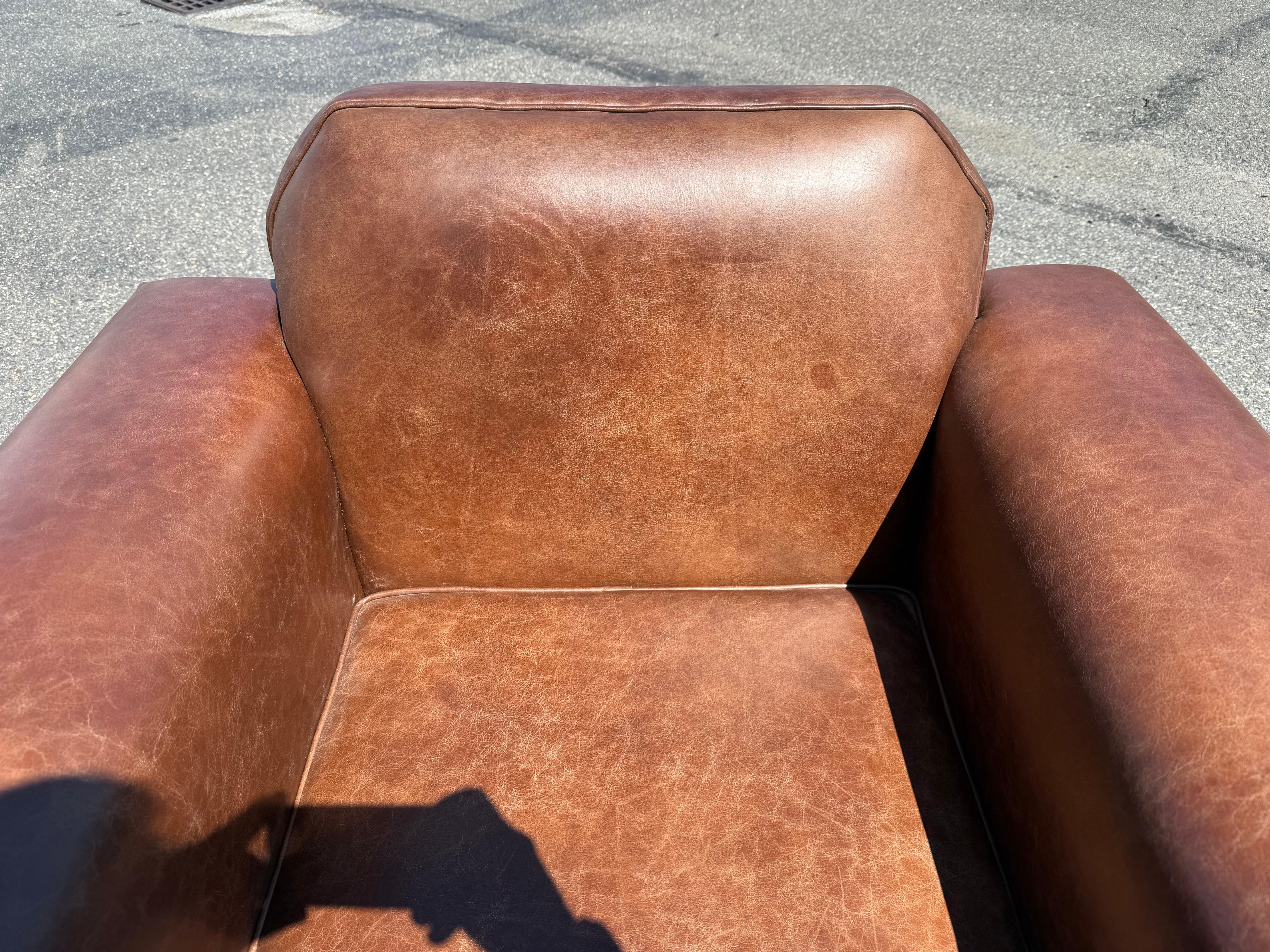 Pair of Fully Restored French Art Deco Two-Tone Leather Club Chairs For Sale 7