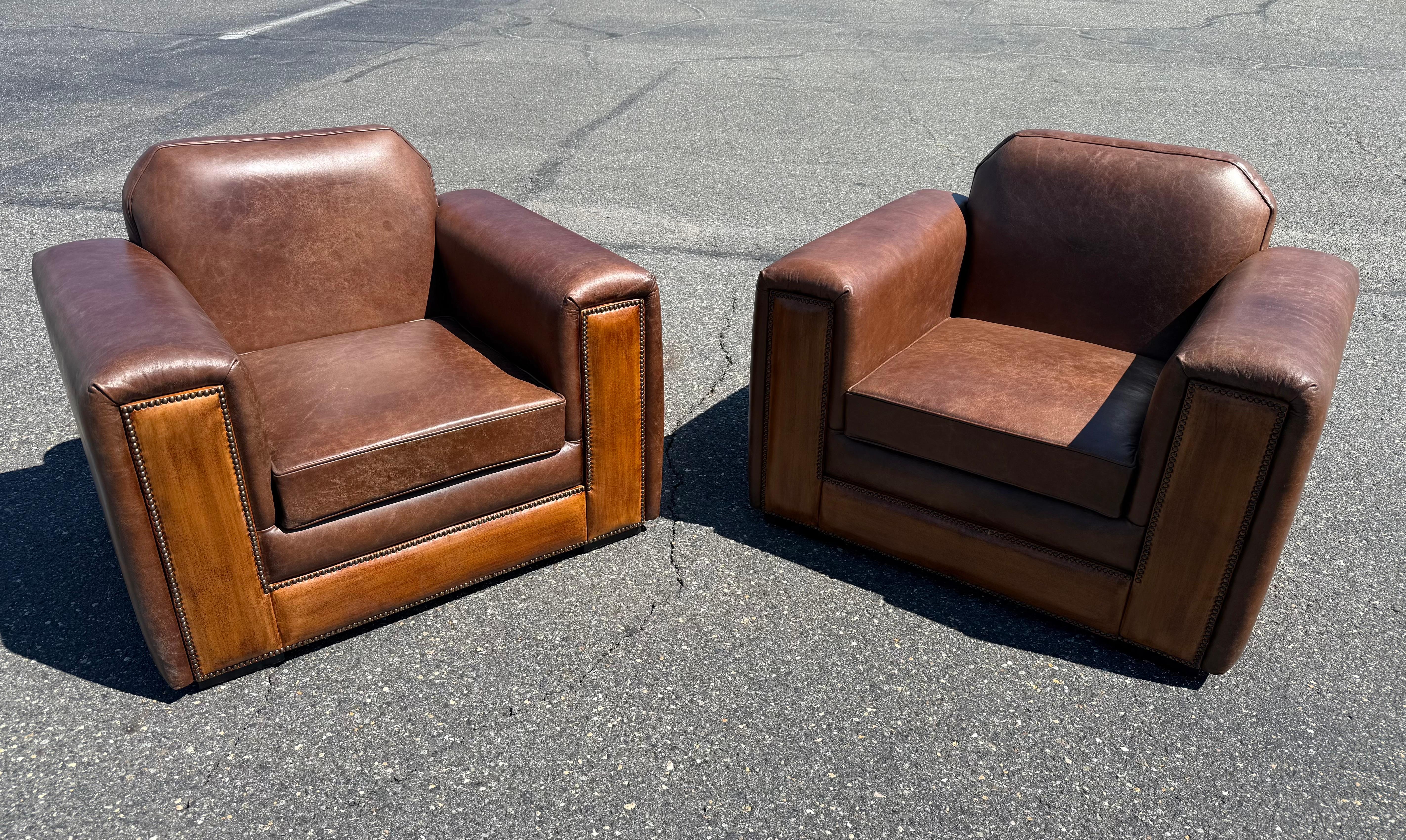 Pair of Fully Restored French Art Deco Two-Tone Leather Club Chairs For Sale 9