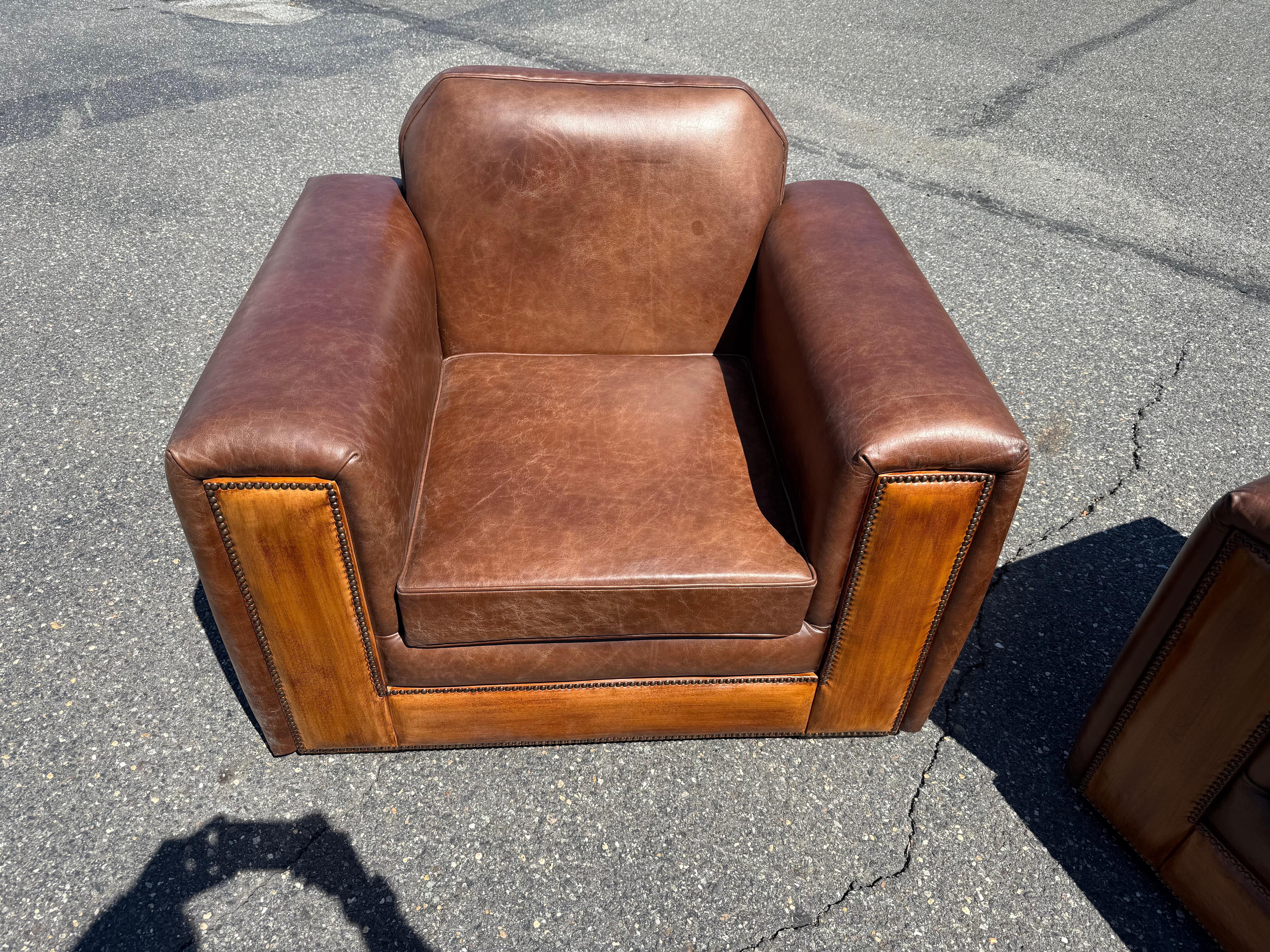 Pair of Fully Restored French Art Deco Two-Tone Leather Club Chairs For Sale 10