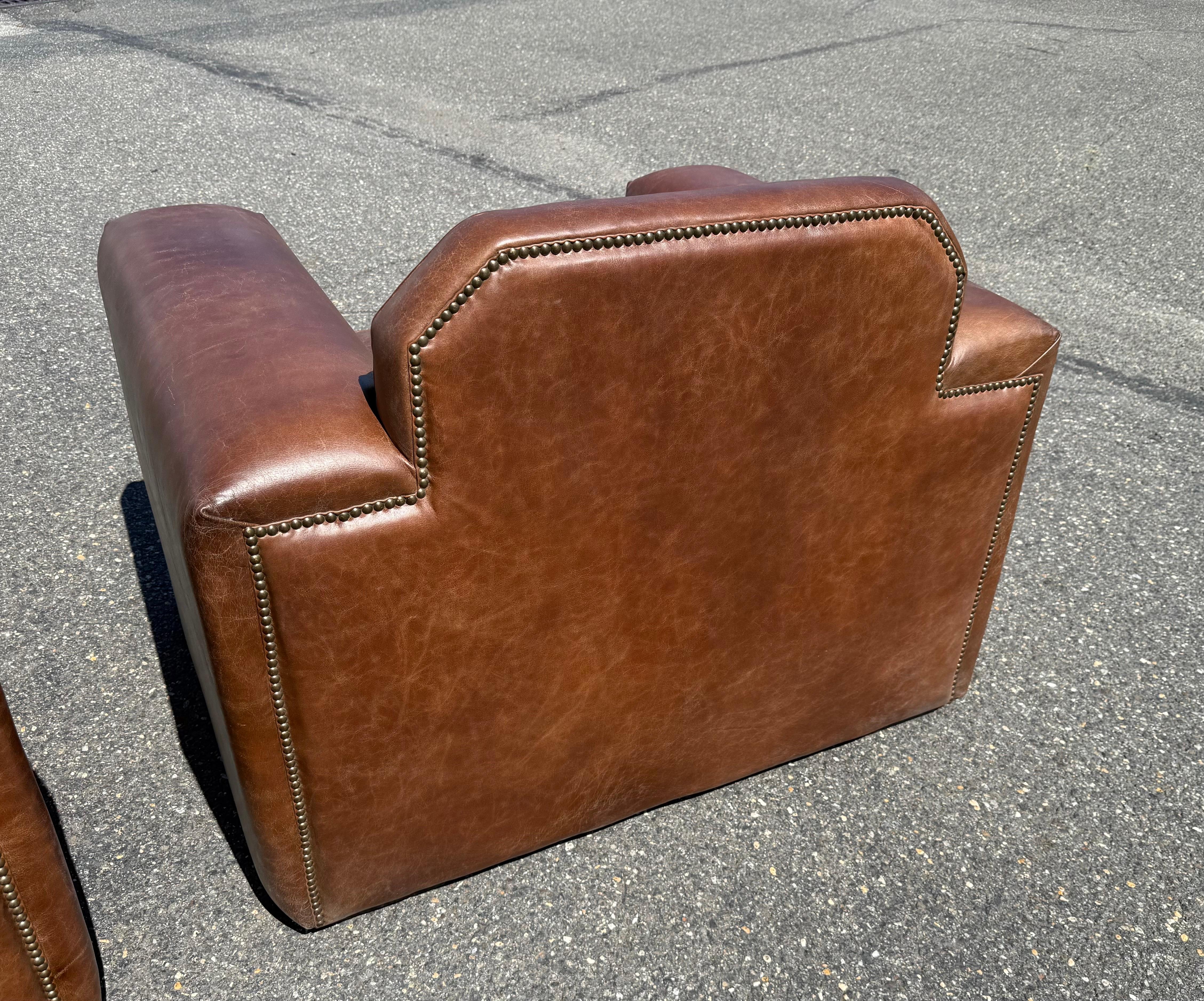 Pair of Fully Restored French Art Deco Two-Tone Leather Club Chairs For Sale 12
