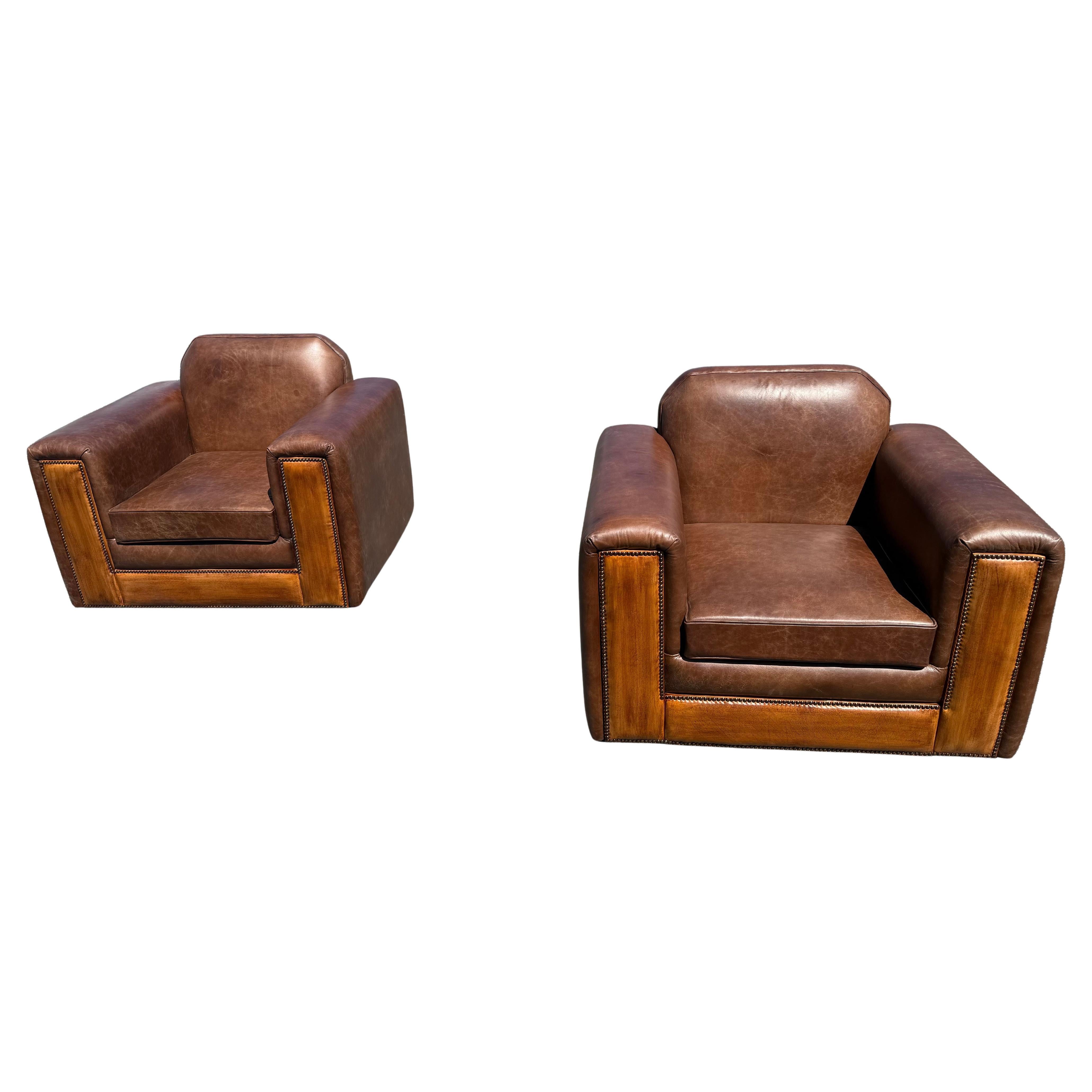Pair of Fully Restored French Art Deco Two-Tone Leather Club Chairs For Sale