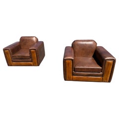 Pair of Fully Restored French Art Deco Two-Tone Leather Club Chairs