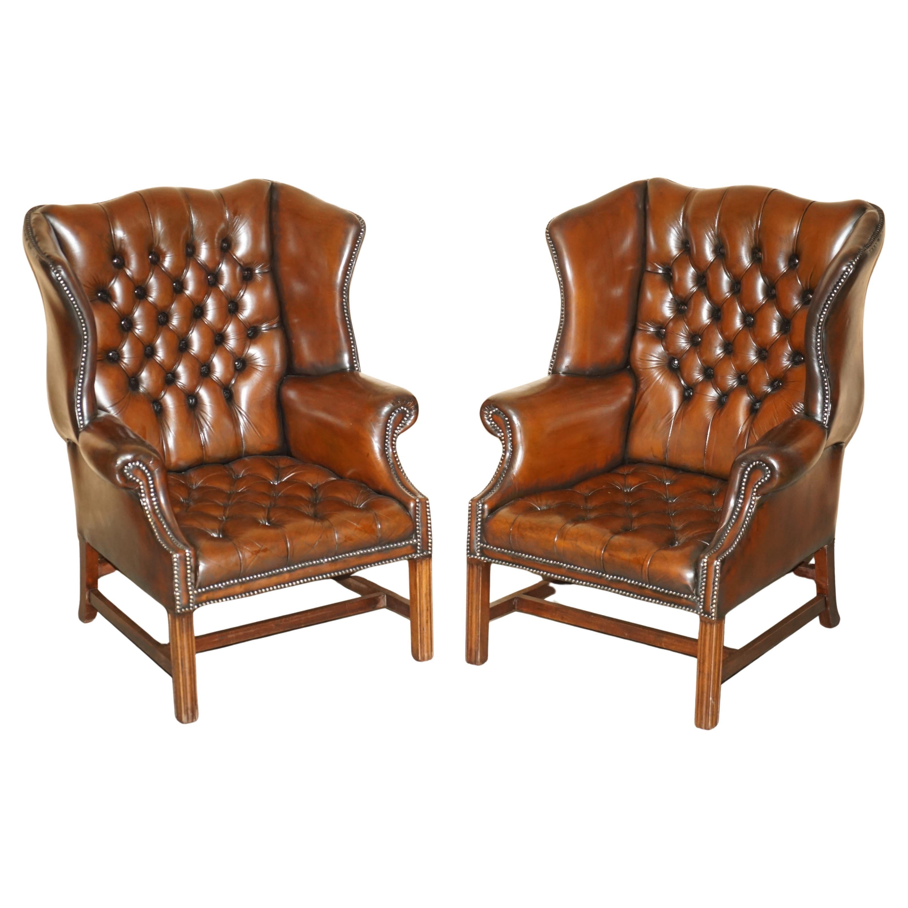 PAIR OF FULLY RESTORED GEORGIAN H FRAMED CHESTERFIELD TUFTED WINGBACK ARMCHAIRs For Sale