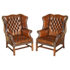 PAIR OF FULLY RESTORED GEORGIAN H FRAMED CHESTERFIELD TUFTED WINGBACK ARMCHAIRs