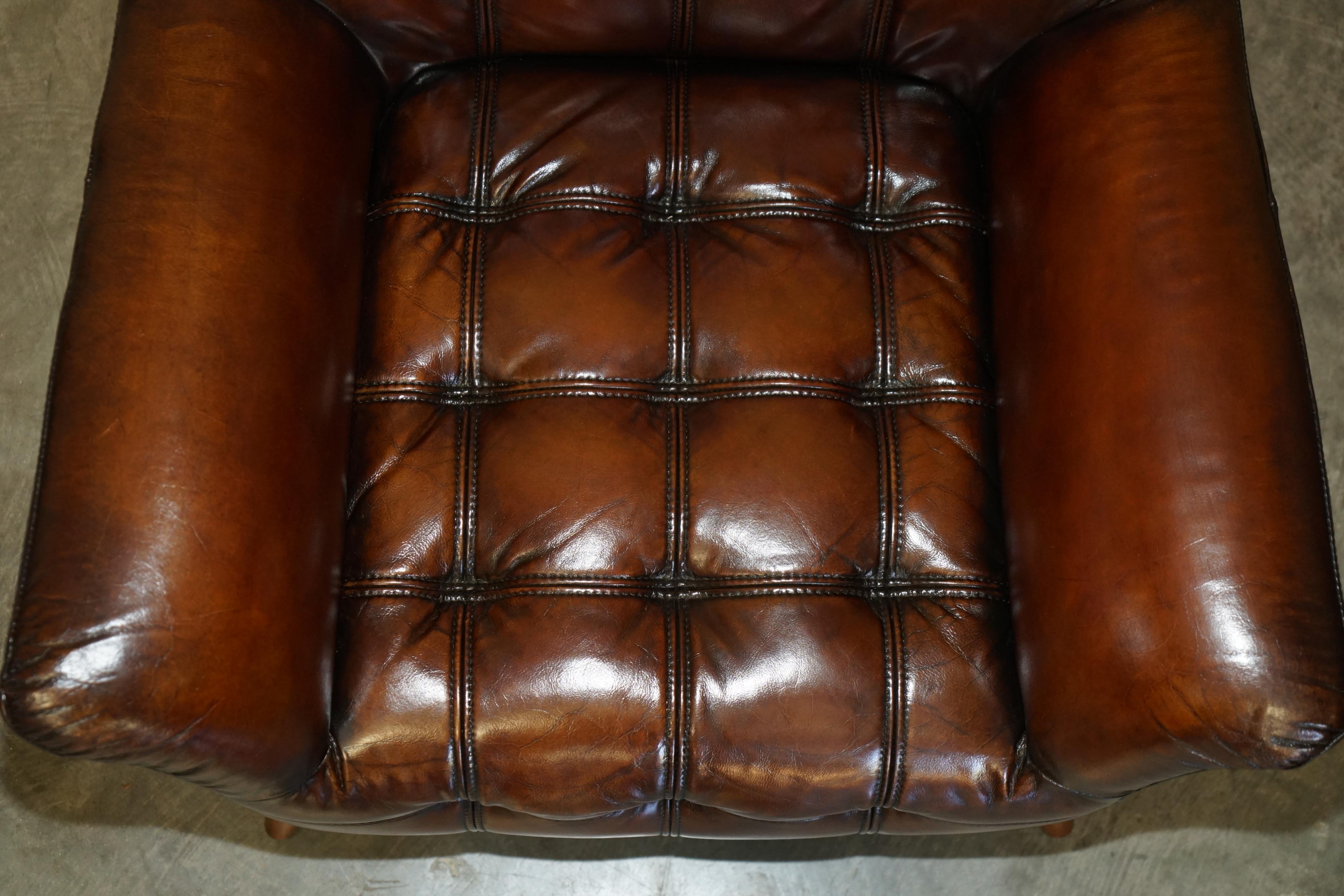 20th Century PAIR OF FULLY RESTORED HAND DYED CHESTERFiELD WHISKY BROWN LEATHER ARMCHAIRS For Sale