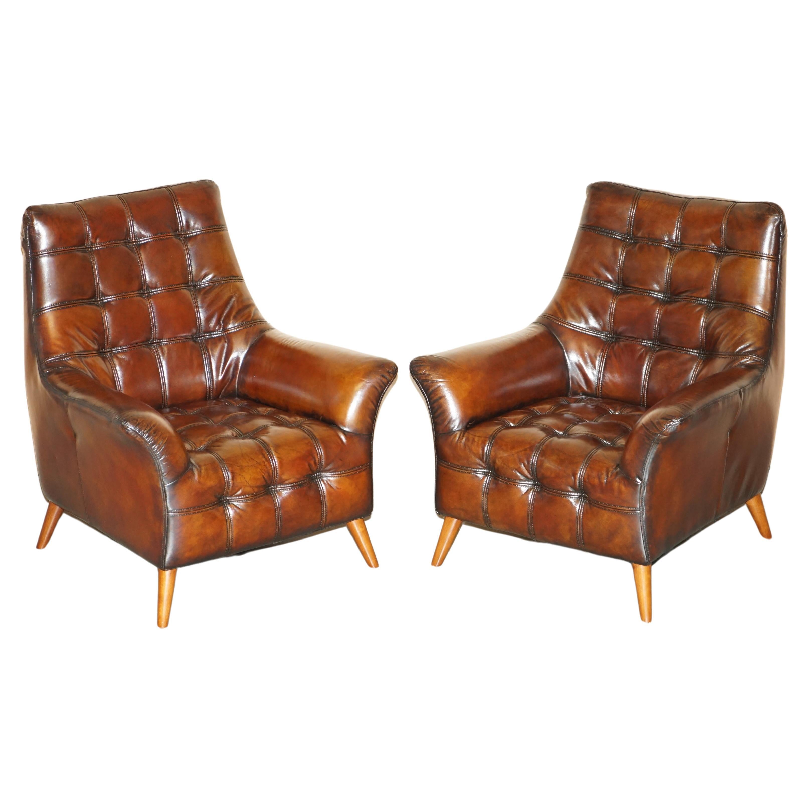 PAIR OF FULLY RESTORED HAND DYED CHESTERFiELD WHISKY BROWN LEATHER ARMCHAIRS For Sale