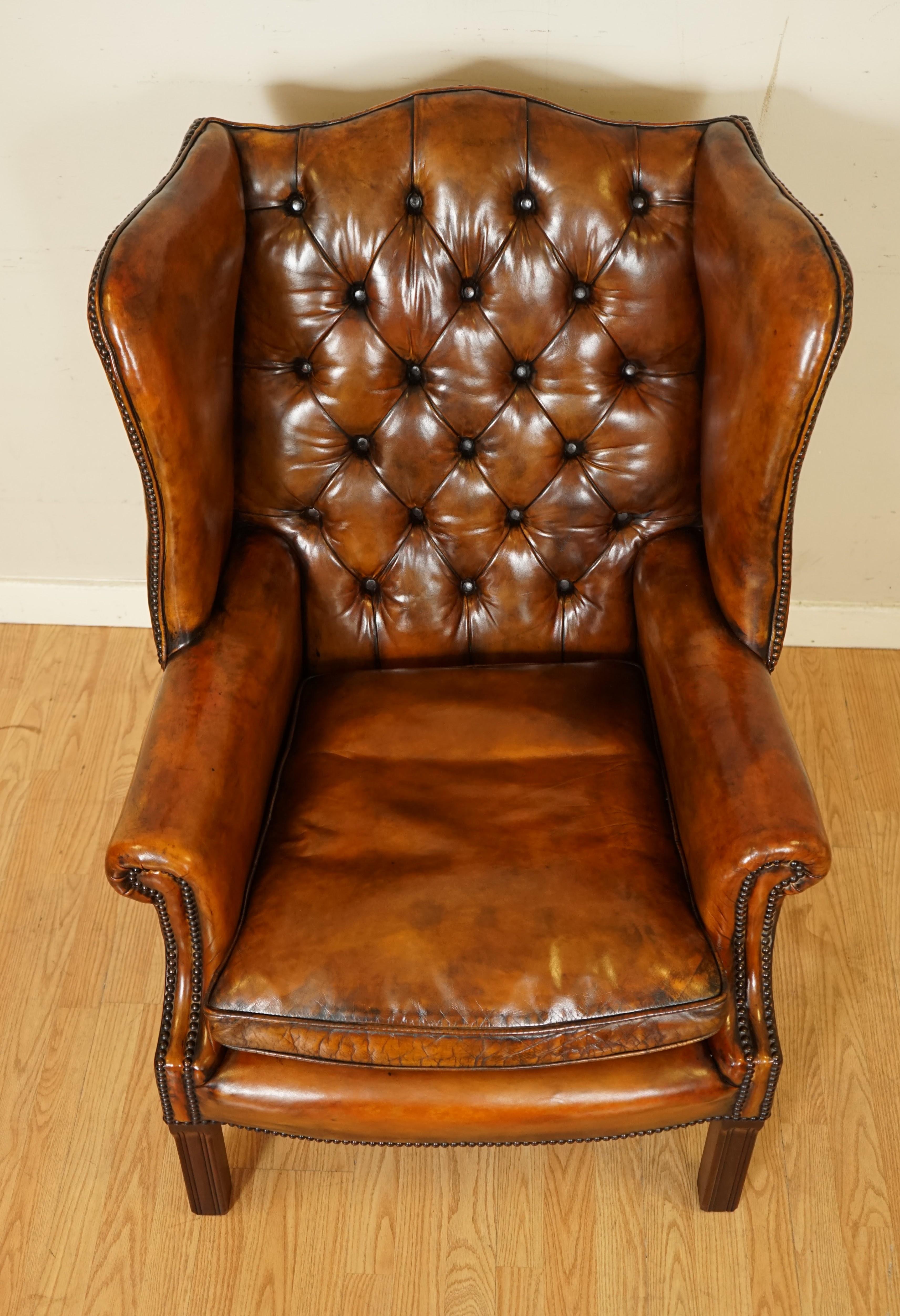 Pair of Fully Restored Hand Dyed Chesterfield Wingback Chairs with Feather 4