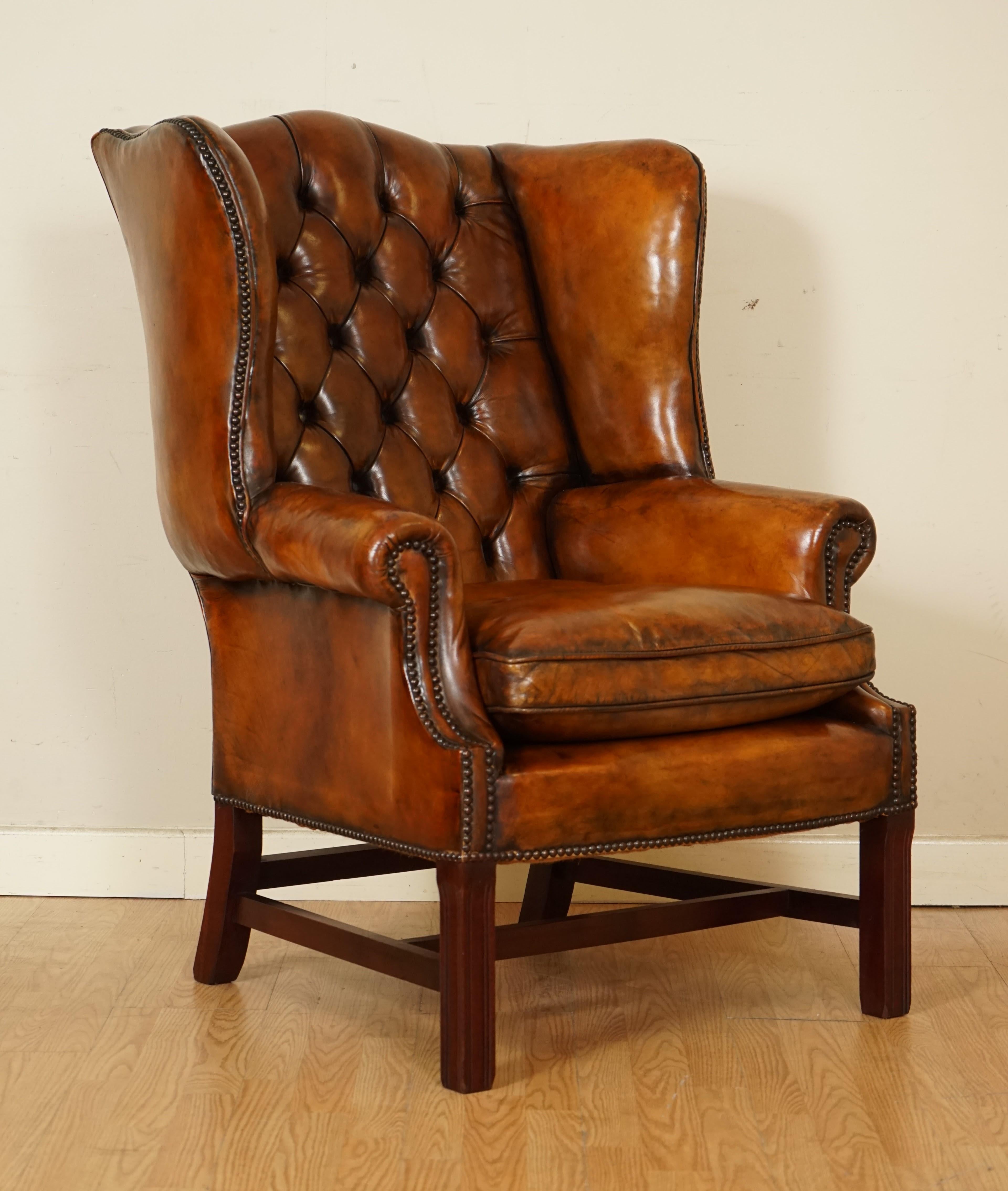 Pair of Fully Restored Hand Dyed Chesterfield Wingback Chairs with Feather 6