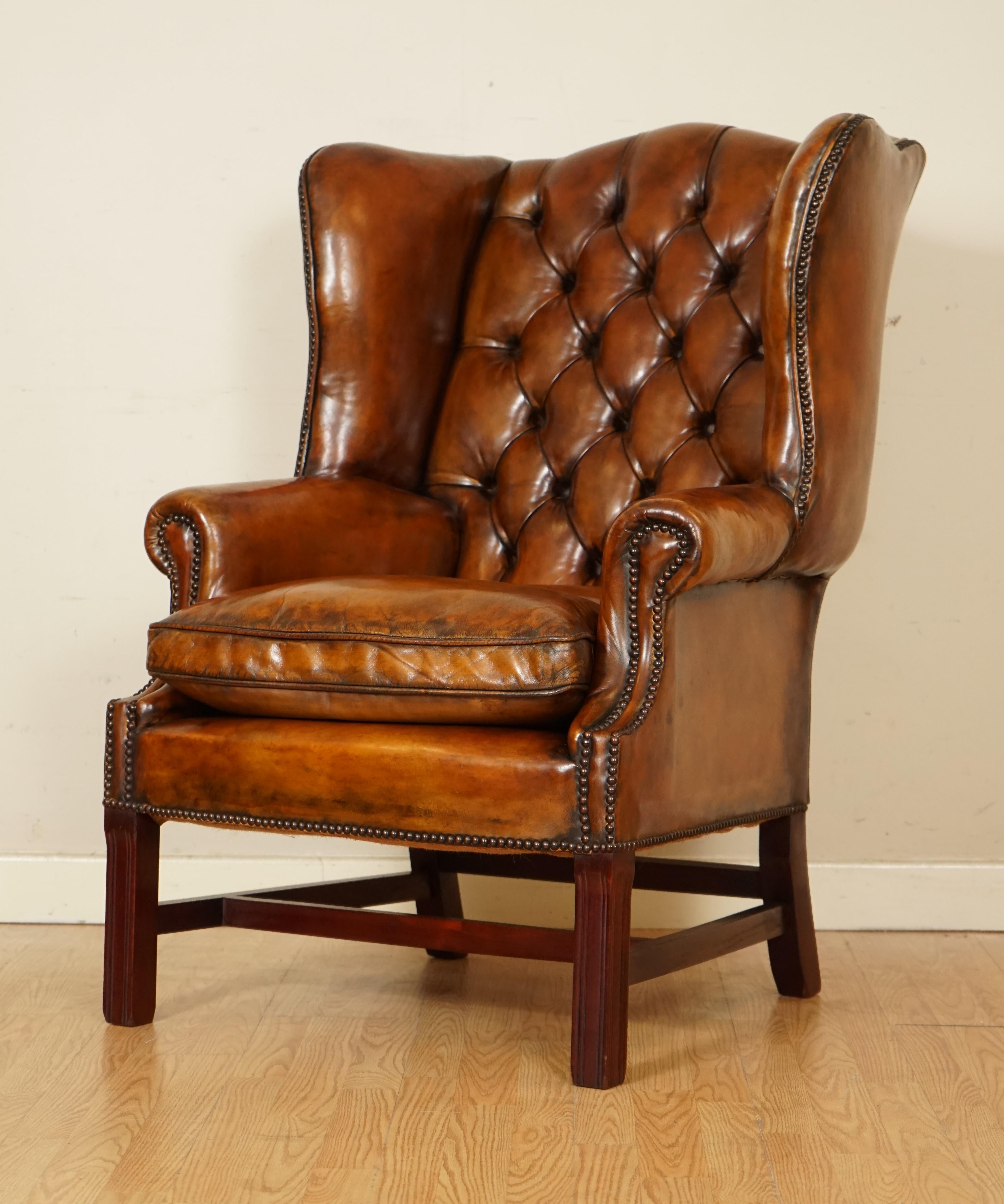 Pair of Fully Restored Hand Dyed Chesterfield Wingback Chairs with Feather 7
