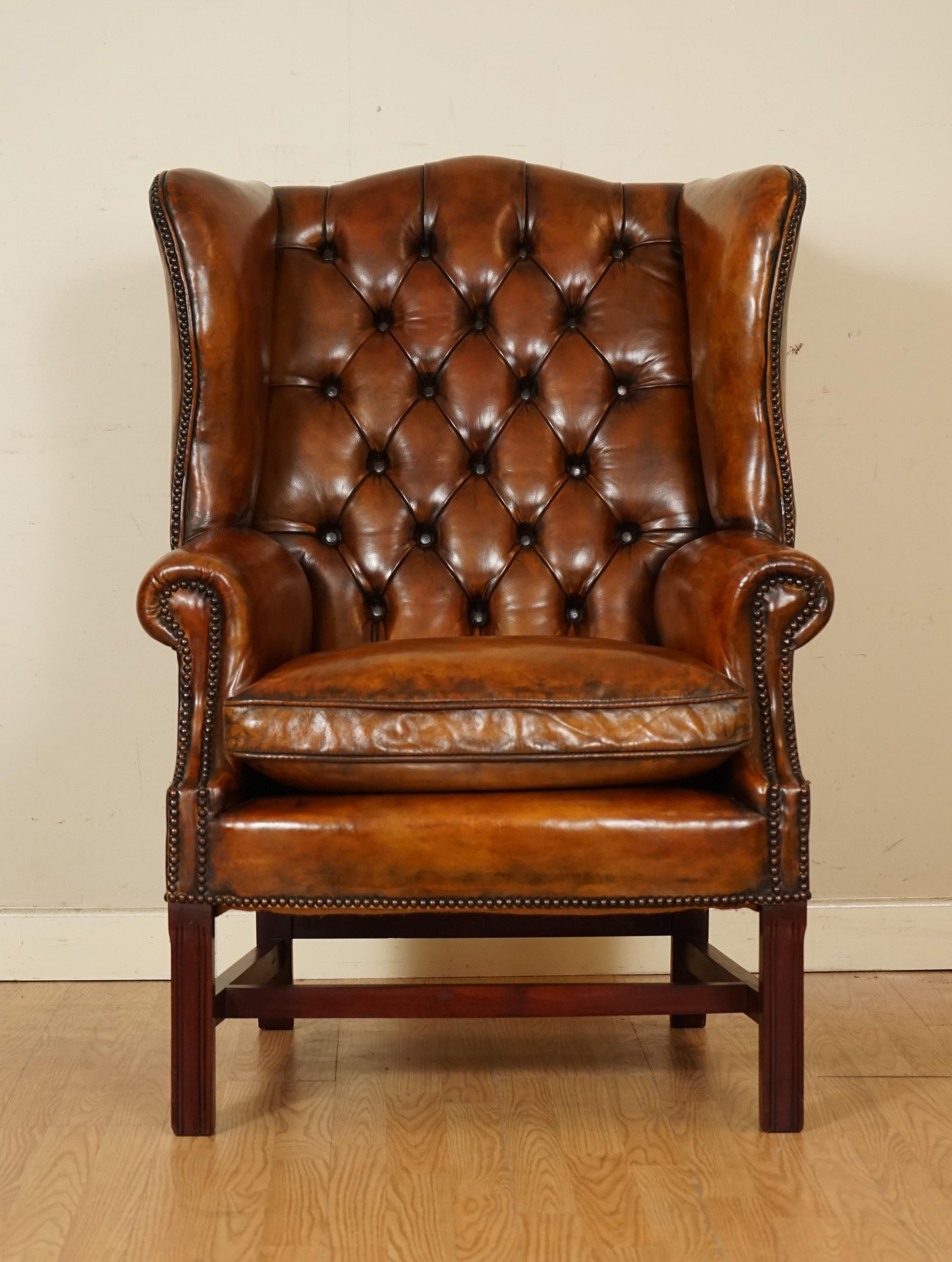 Pair of Fully Restored Hand Dyed Chesterfield Wingback Chairs with Feather 8