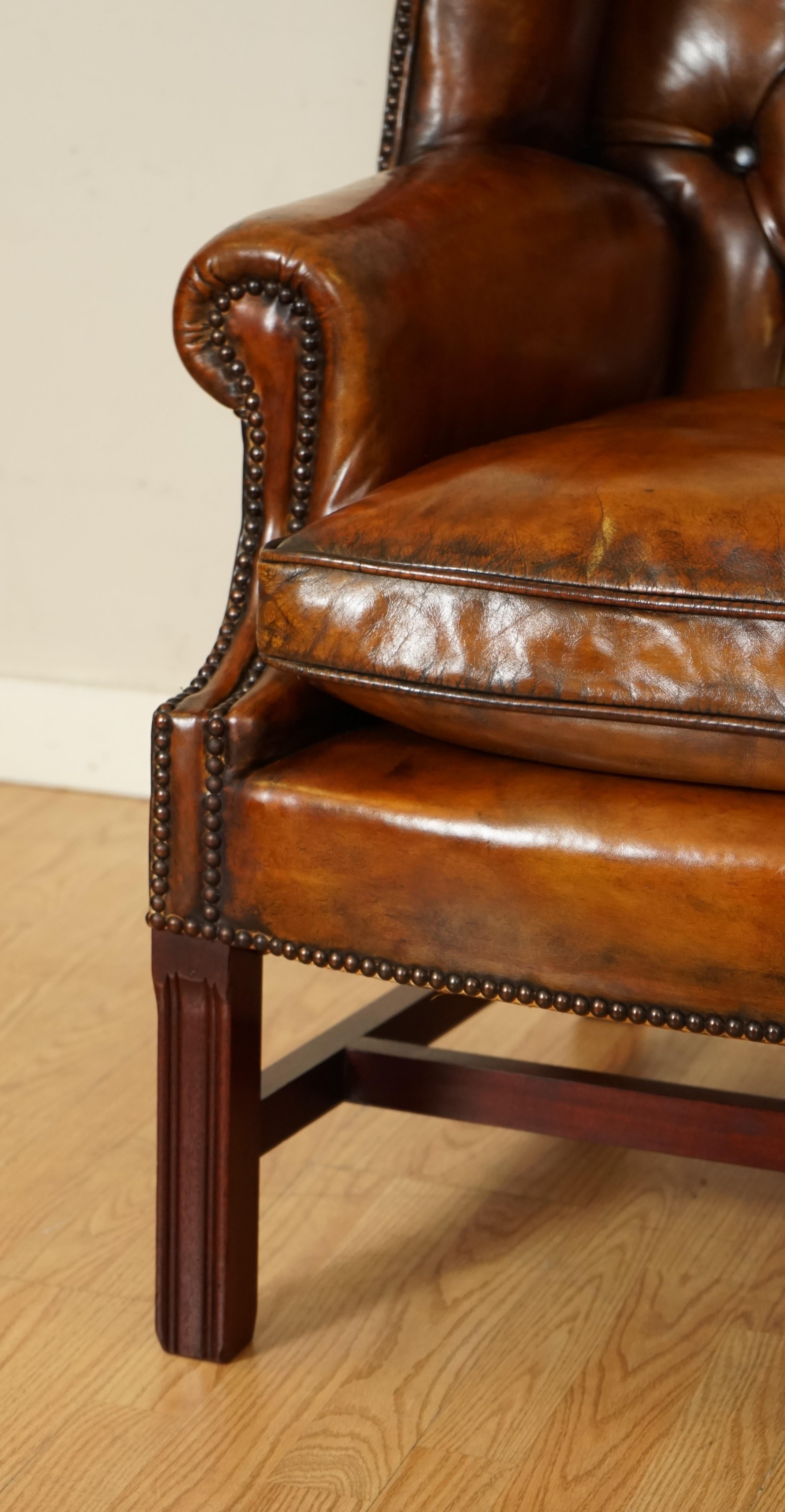 Pair of Fully Restored Hand Dyed Chesterfield Wingback Chairs with Feather 9