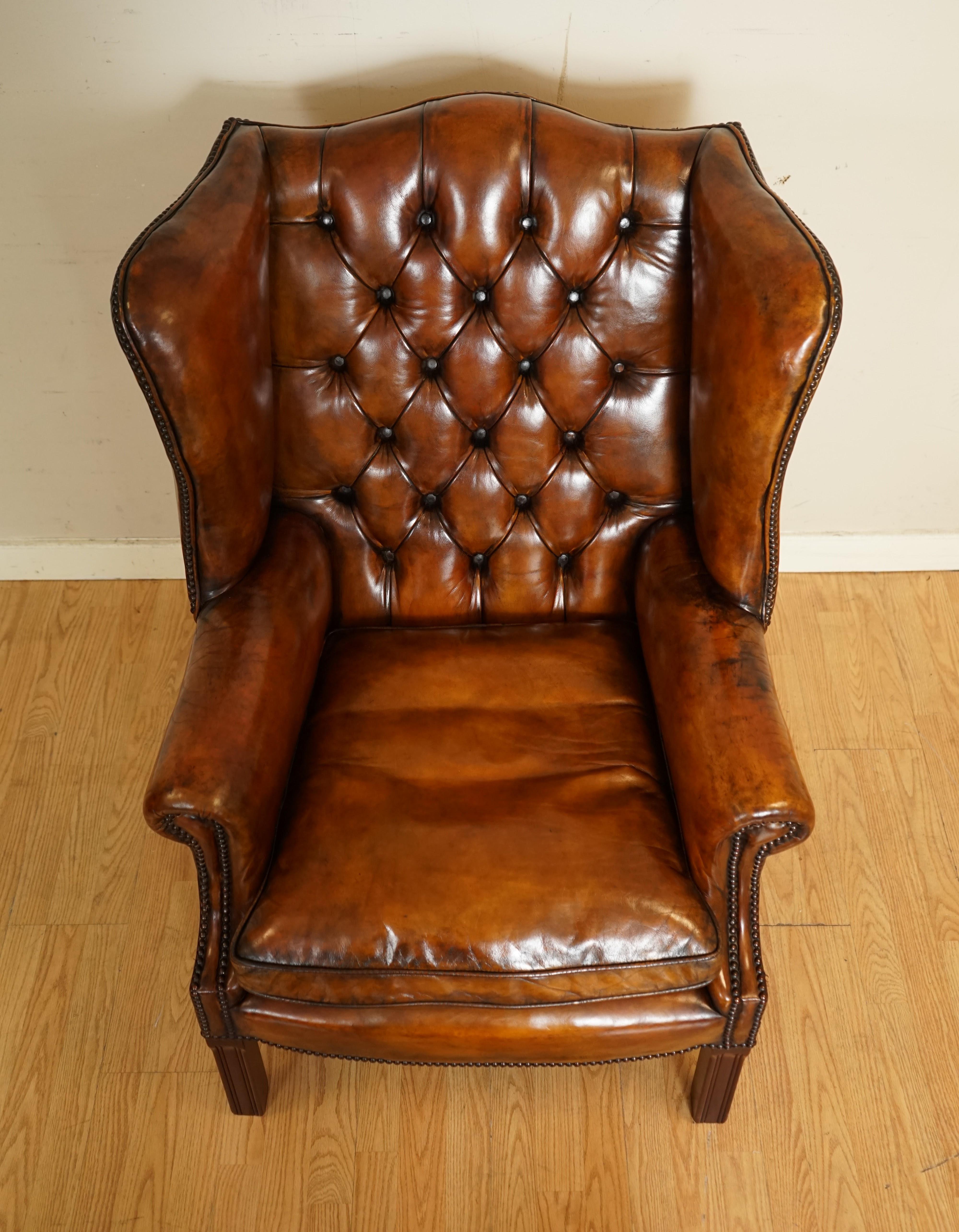 Pair of Fully Restored Hand Dyed Chesterfield Wingback Chairs with Feather 10