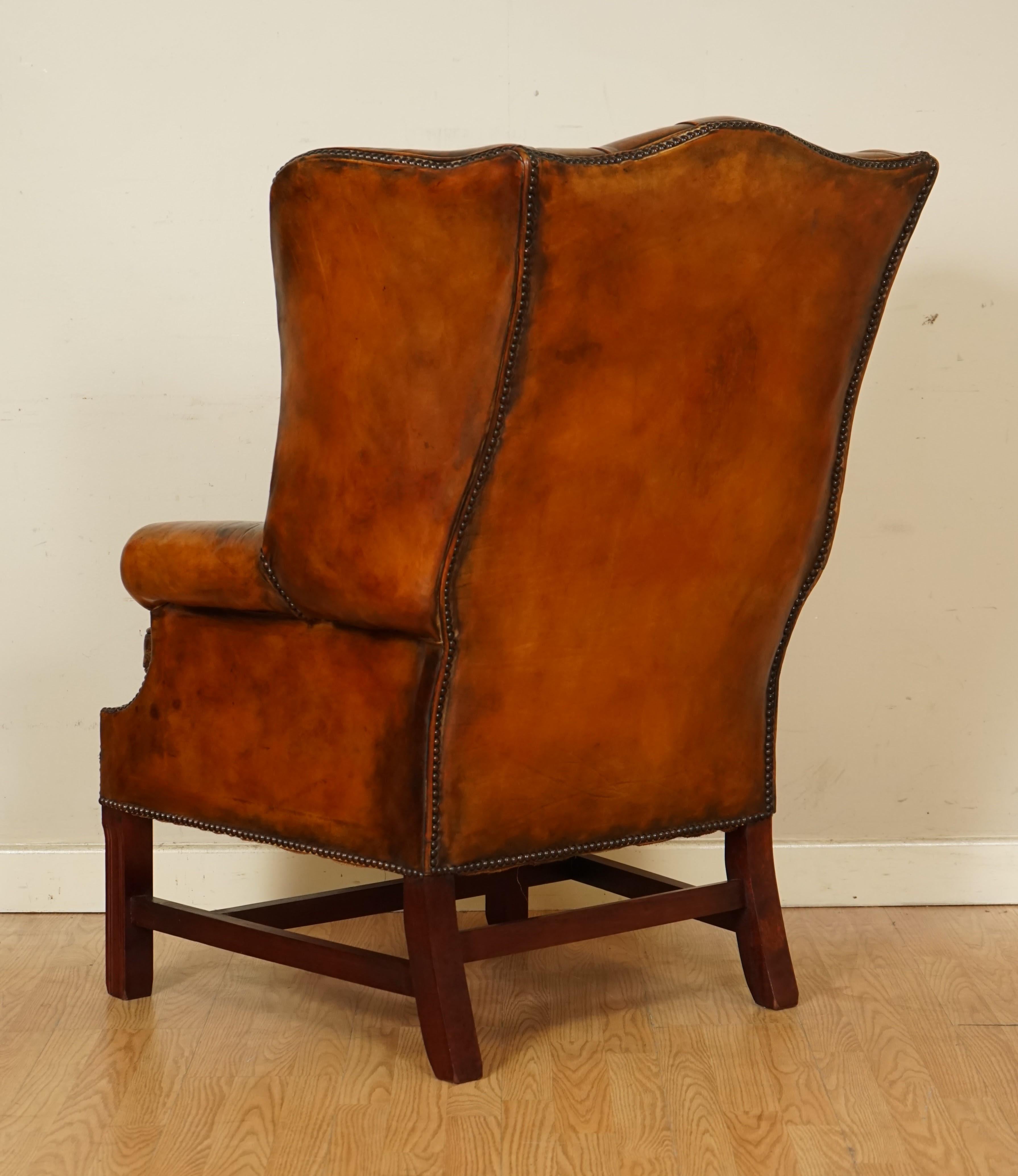 Pair of Fully Restored Hand Dyed Chesterfield Wingback Chairs with Feather 11