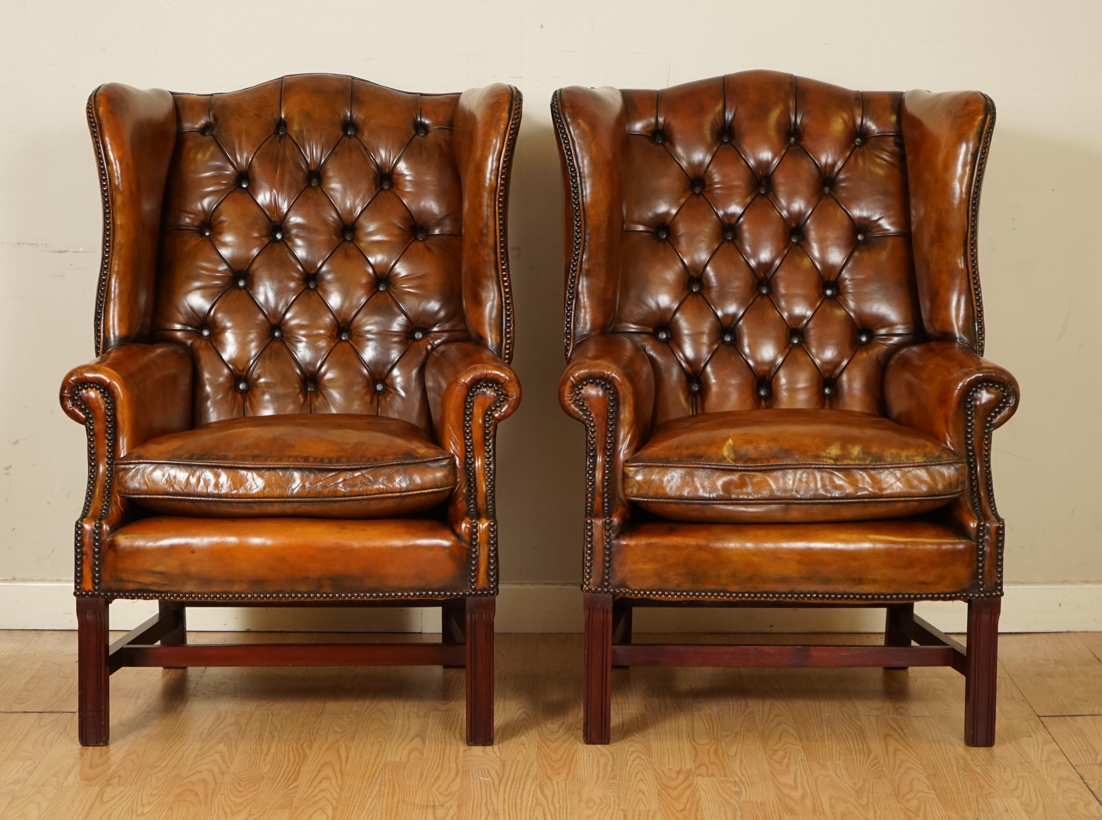 British Pair of Fully Restored Hand Dyed Chesterfield Wingback Chairs with Feather
