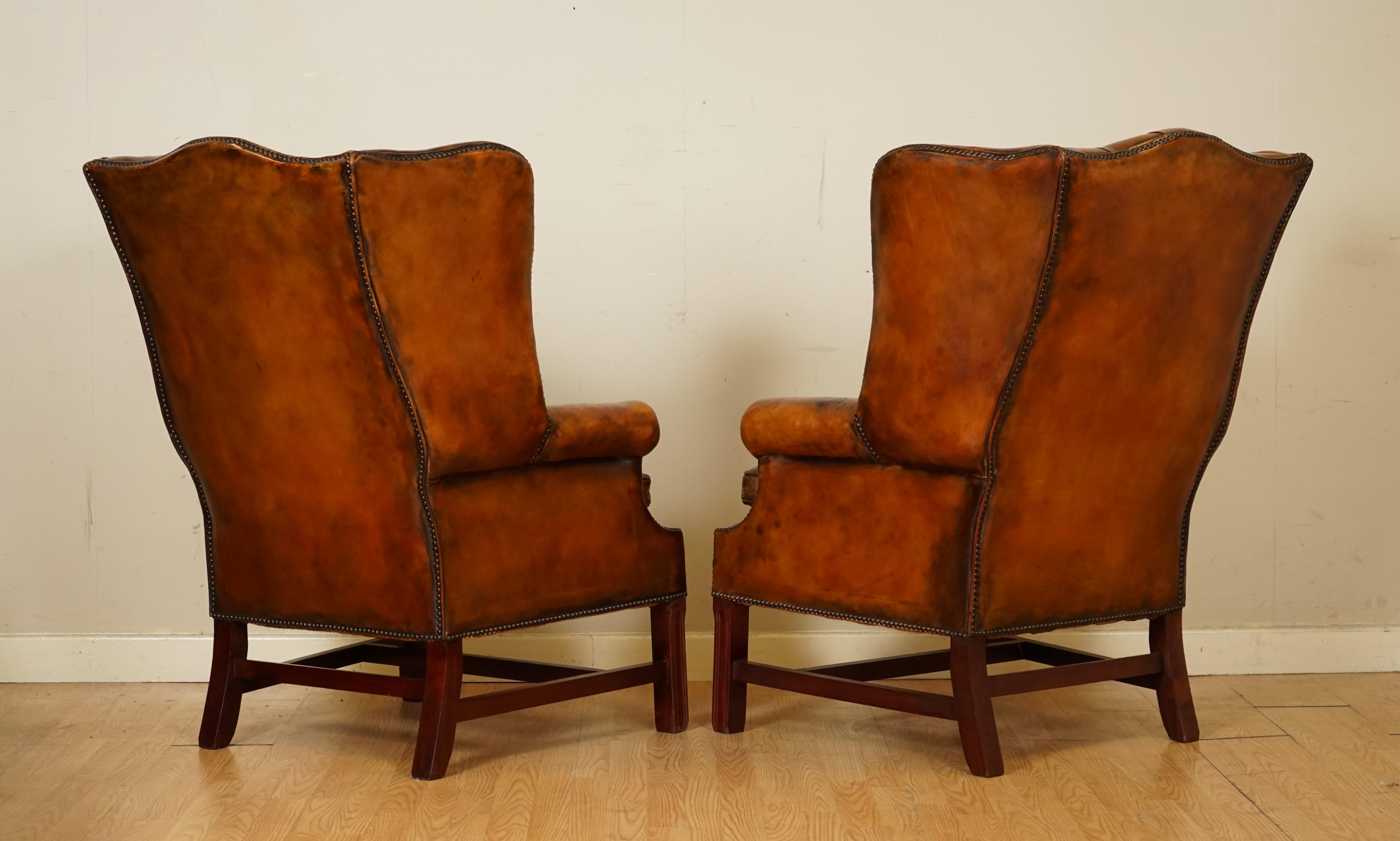 Hand-Crafted Pair of Fully Restored Hand Dyed Chesterfield Wingback Chairs with Feather