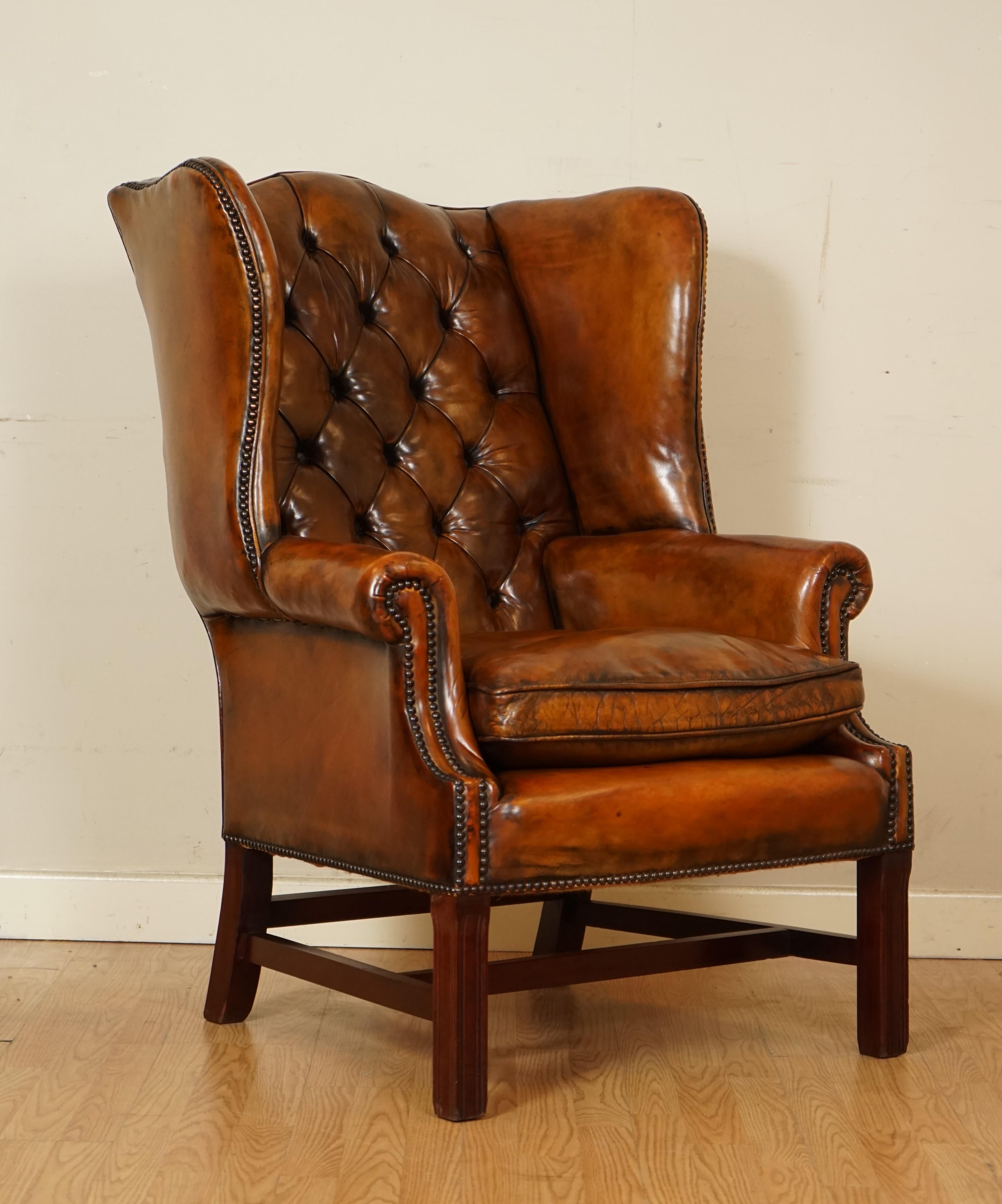 20th Century Pair of Fully Restored Hand Dyed Chesterfield Wingback Chairs with Feather