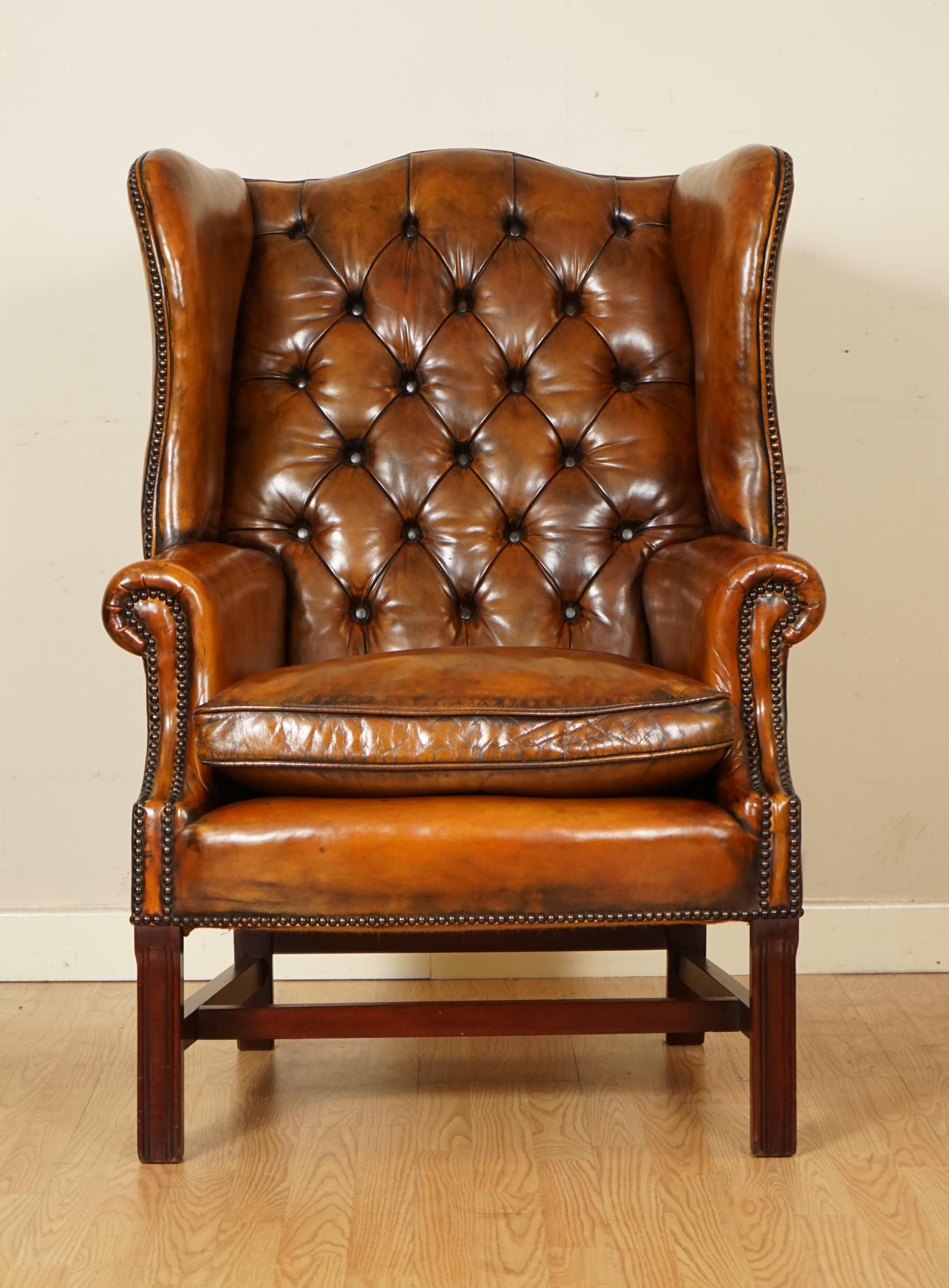 Pair of Fully Restored Hand Dyed Chesterfield Wingback Chairs with Feather 1