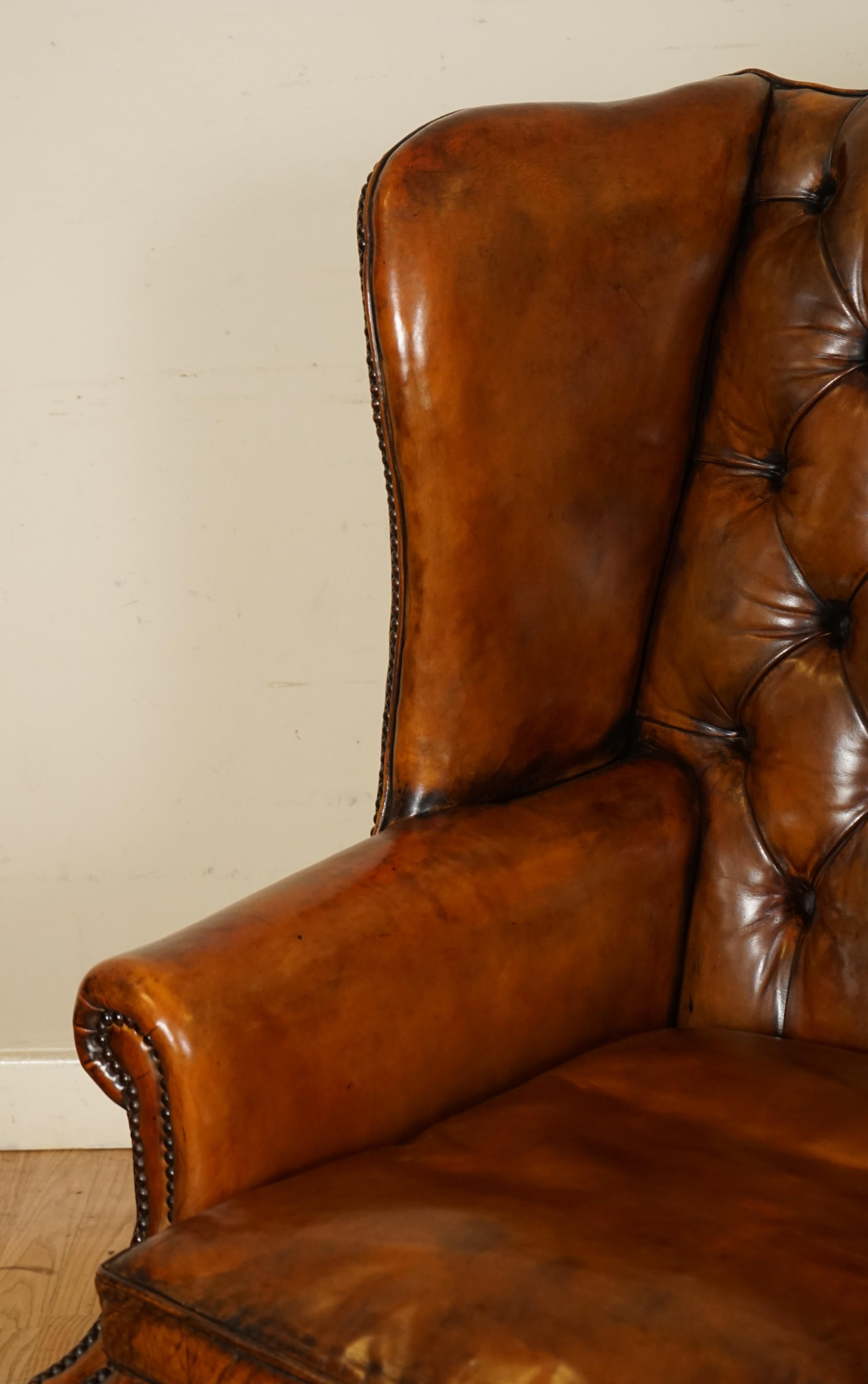 Pair of Fully Restored Hand Dyed Chesterfield Wingback Chairs with Feather 3