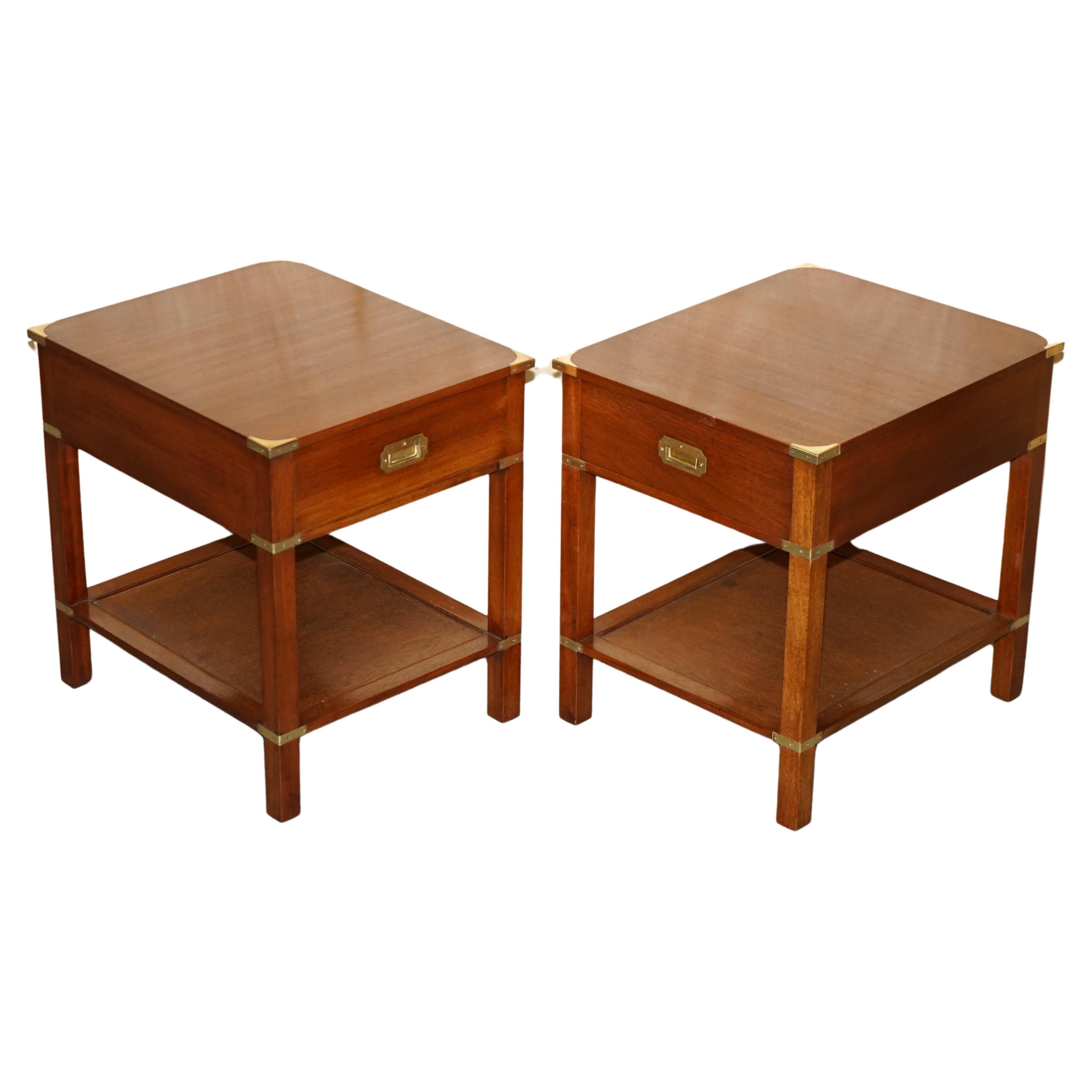 PAIR OF FULLY RESTORED HARRODS LONDON MiLITARY CAMPAIGN SINGLE DRAWER SIDE TABLE For Sale