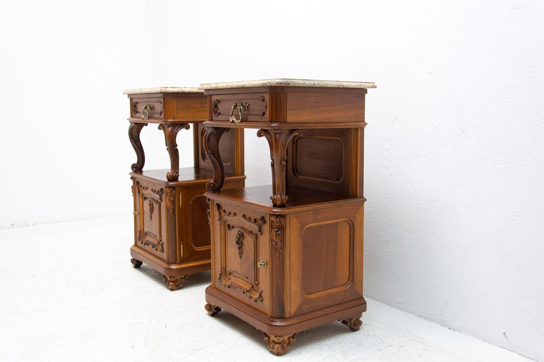 Marble Pair of Fully Restored Historicist Bedside Tables, 1910, Austria For Sale