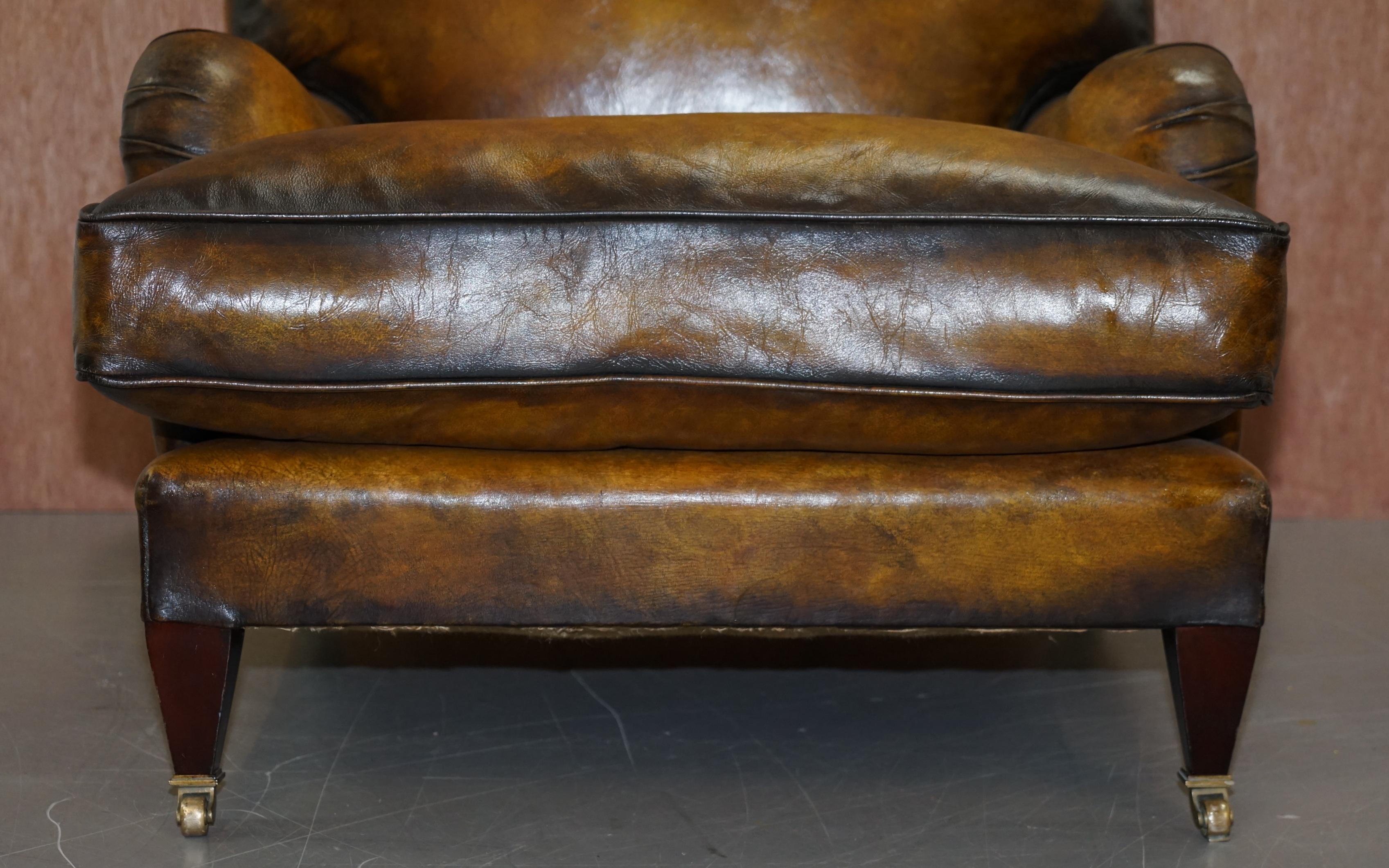 English Pair of Fully Restored Howard & Son's Bridgewater Whisky Brown Leather Armchairs