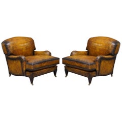 Vintage Pair of Fully Restored Howard & Son's Bridgewater Whisky Brown Leather Armchairs