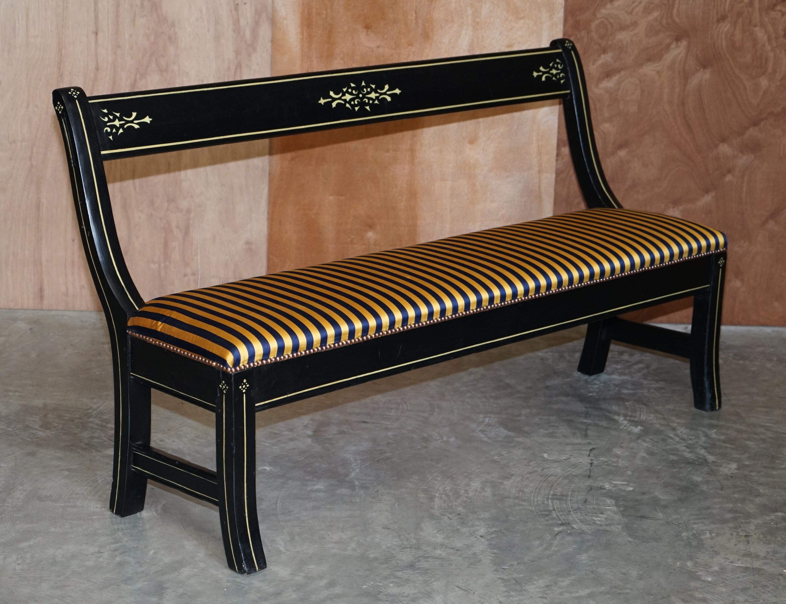 We are delighted to offer this stunning original pair of fully restored, Regency circa 1810-1820 hall seat benches with ebonised frames 

A very decorative and good looking pair, these have been fully restored to include new upholstery and fresh