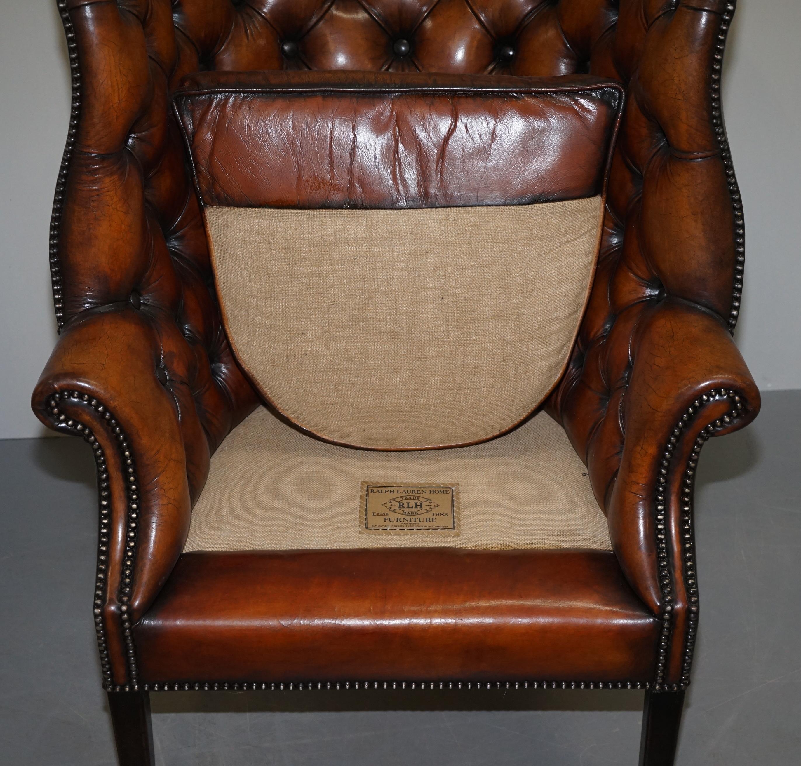 Pair of Fully Restored Ralph Lauren Whisky Brown Leather Porters Armchairs 5
