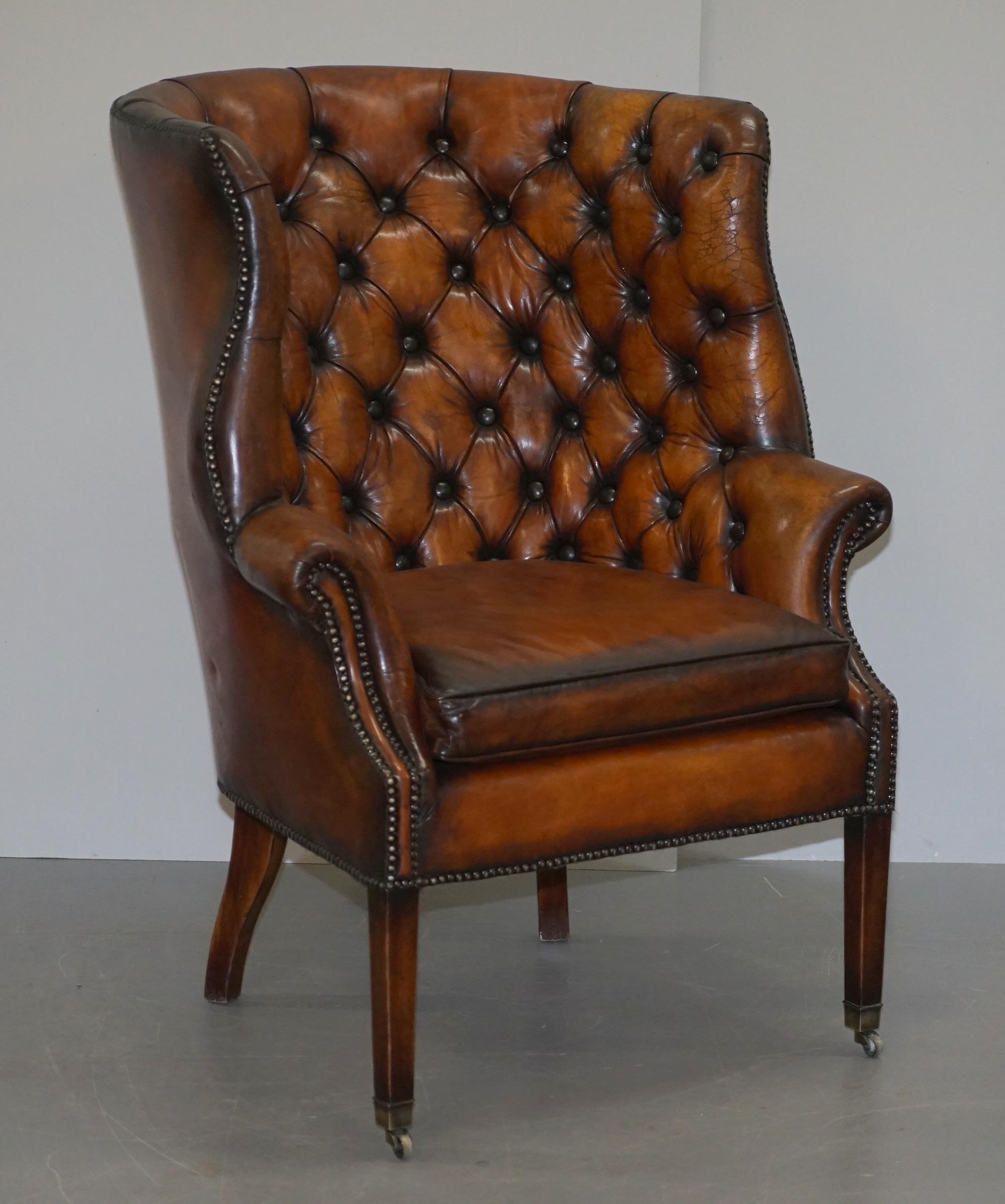 Pair of Fully Restored Ralph Lauren Whisky Brown Leather Porters Armchairs 10