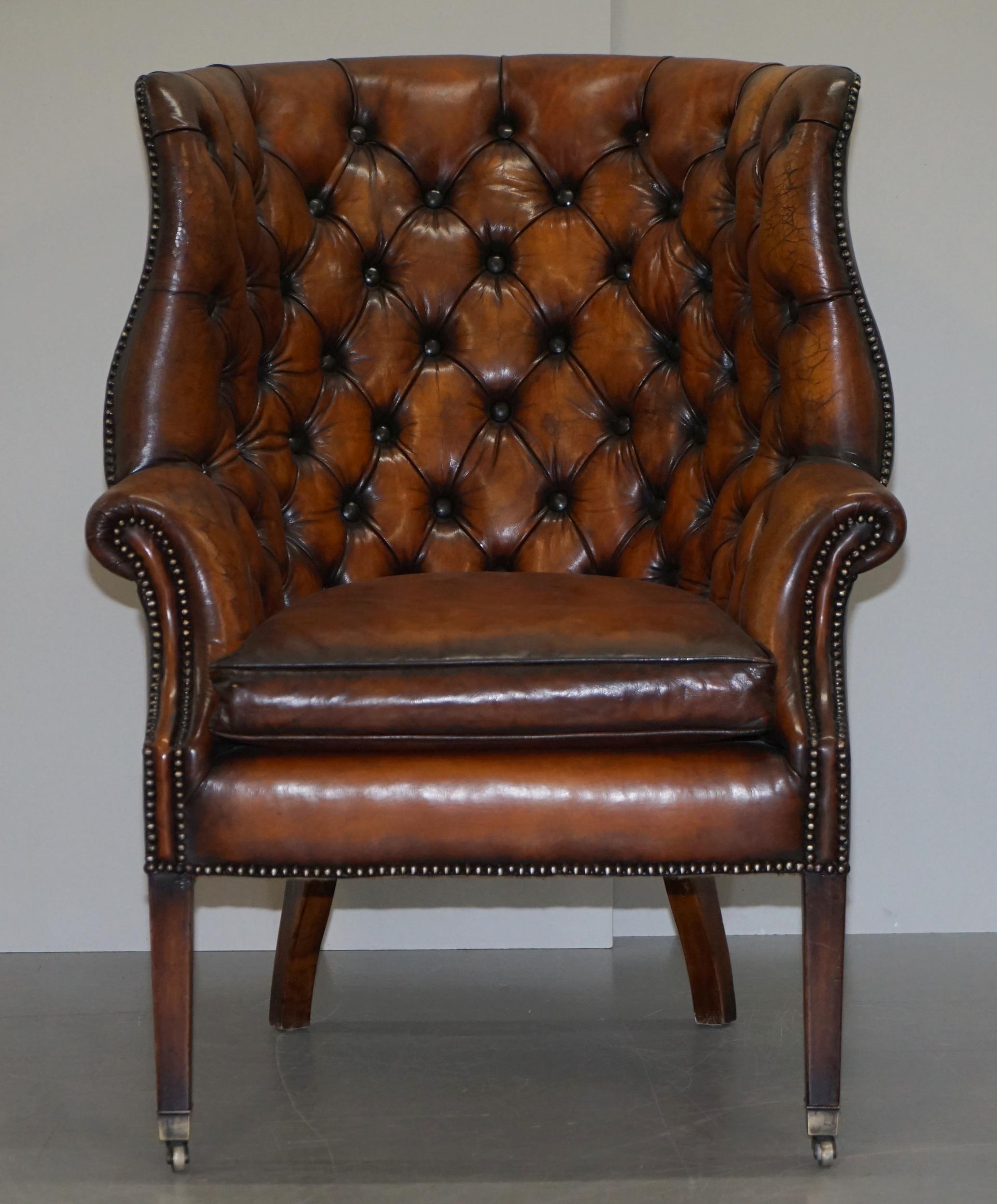 Pair of Fully Restored Ralph Lauren Whisky Brown Leather Porters Armchairs 11