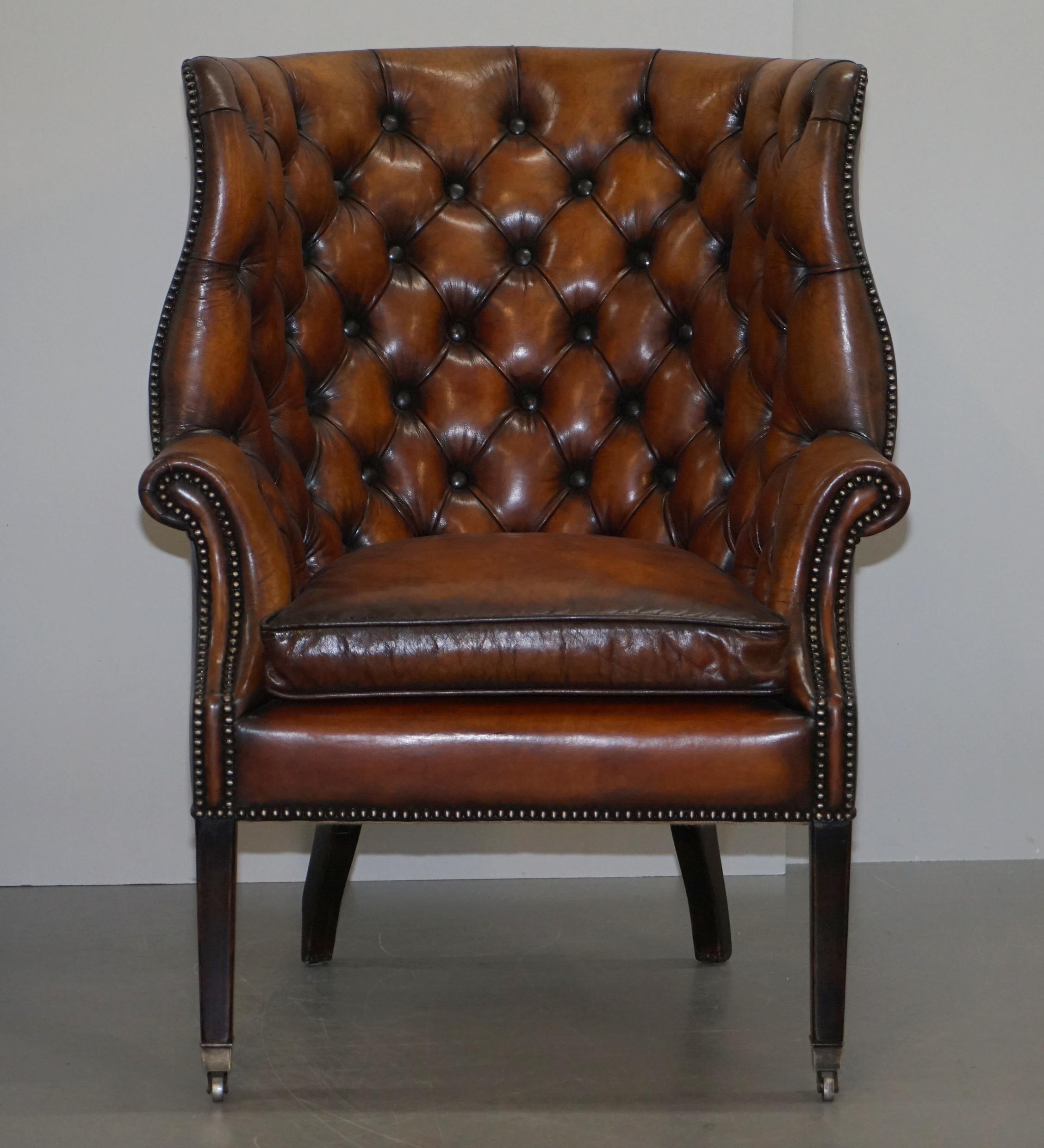 Chesterfield Pair of Fully Restored Ralph Lauren Whisky Brown Leather Porters Armchairs
