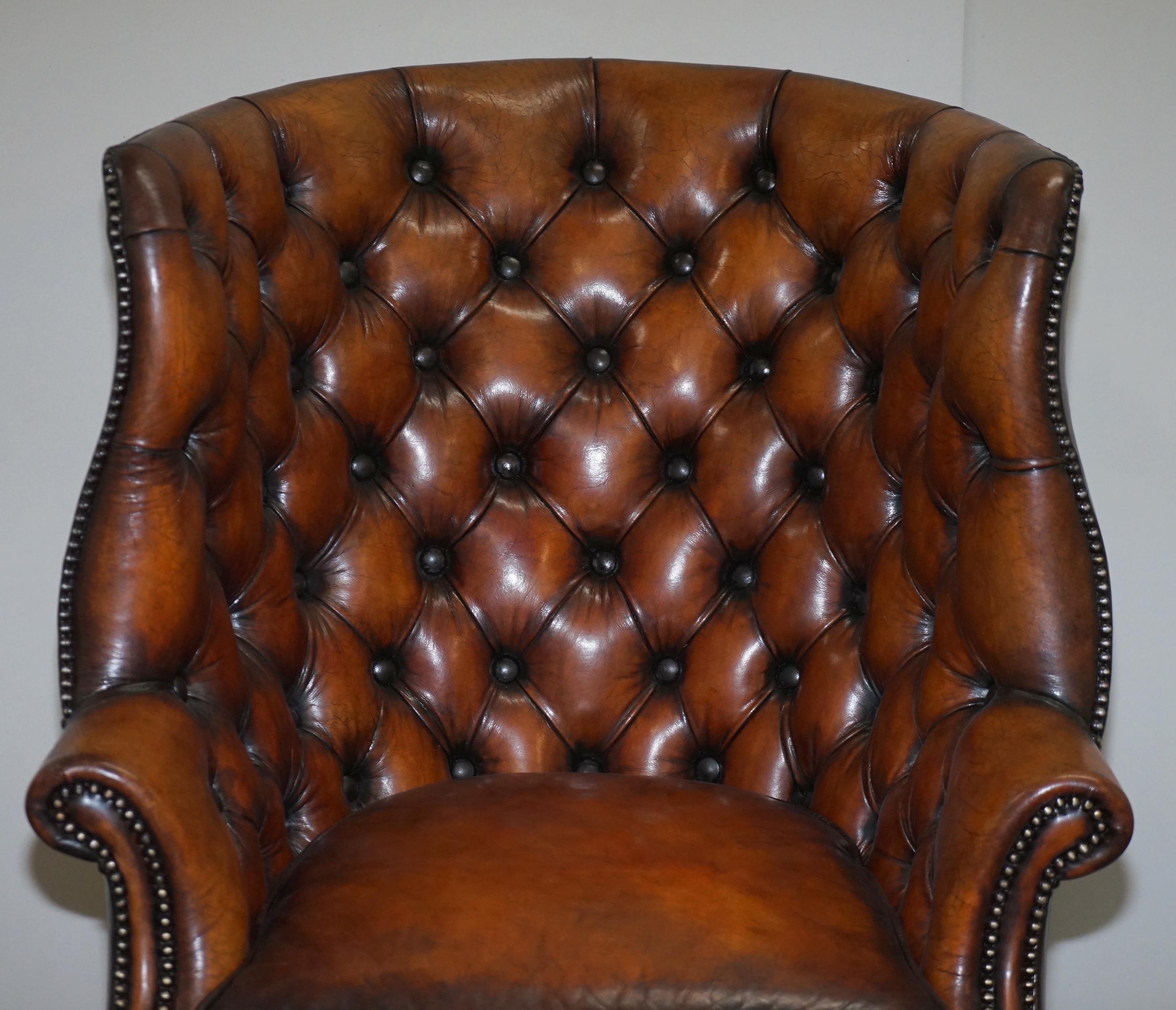 American Pair of Fully Restored Ralph Lauren Whisky Brown Leather Porters Armchairs