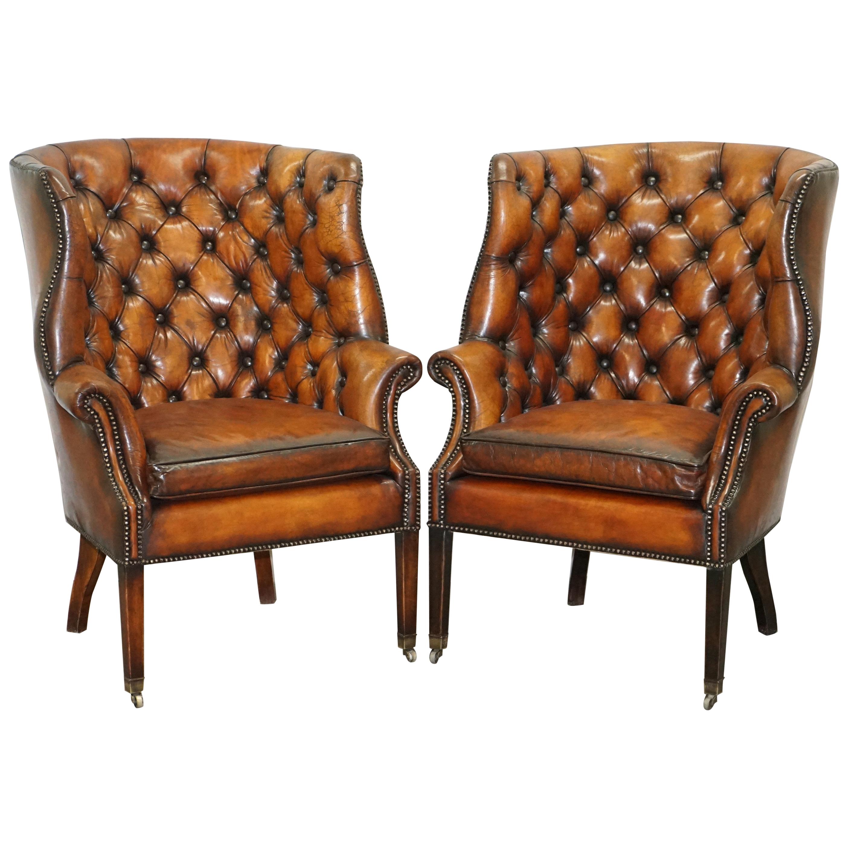 Pair of Fully Restored Ralph Lauren Whisky Brown Leather Porters Armchairs
