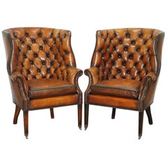 Pair of Fully Restored Ralph Lauren Whisky Brown Leather Porters Armchairs