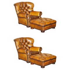 PAIR OF FULLY RESTORED RALPH LAUREN WRiTER'S ARMCHAIRS & OTTOMANS