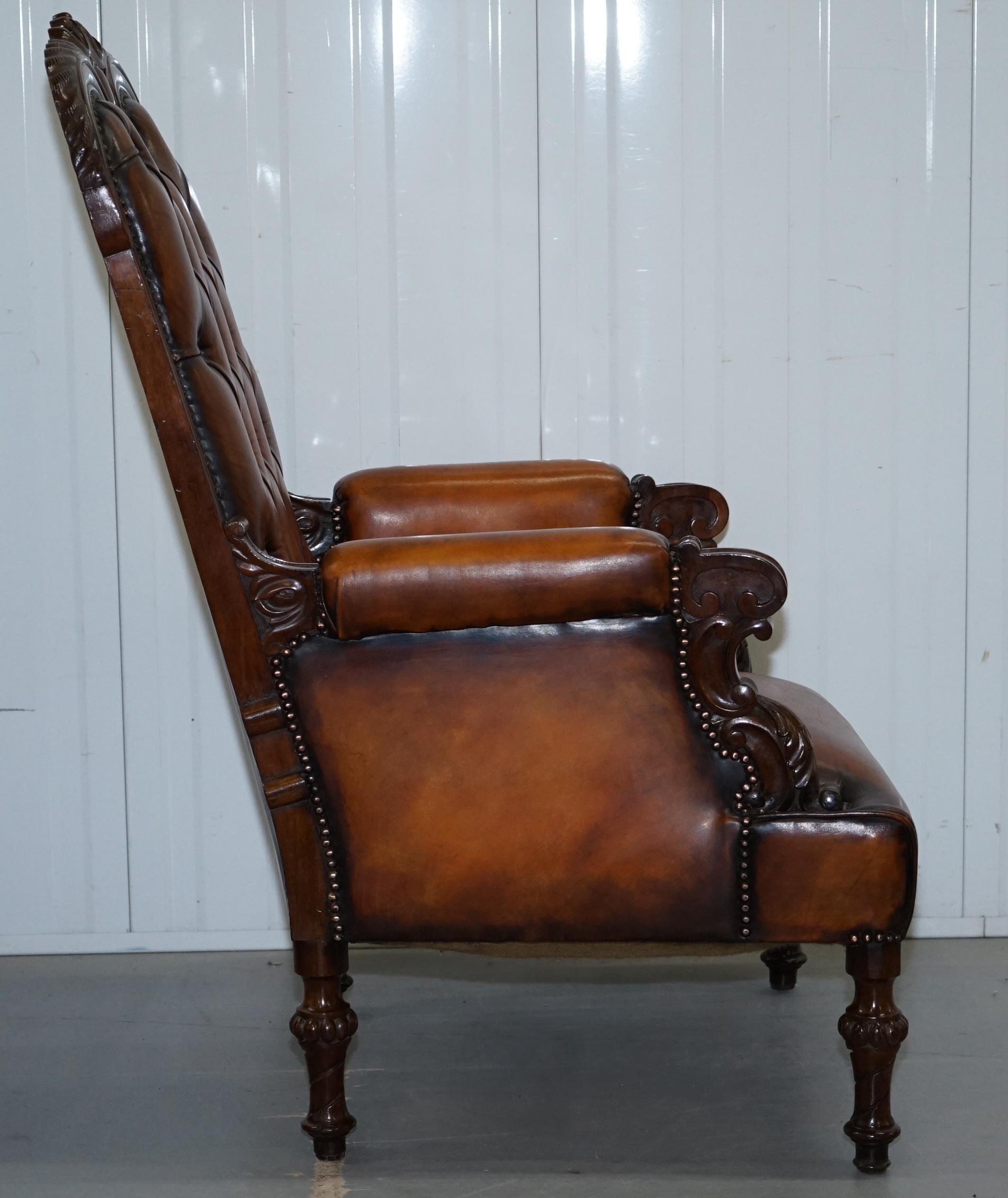 Pair of Fully Restored Show Wood Frame Chesterfield Leather Victorian Armchairs 5
