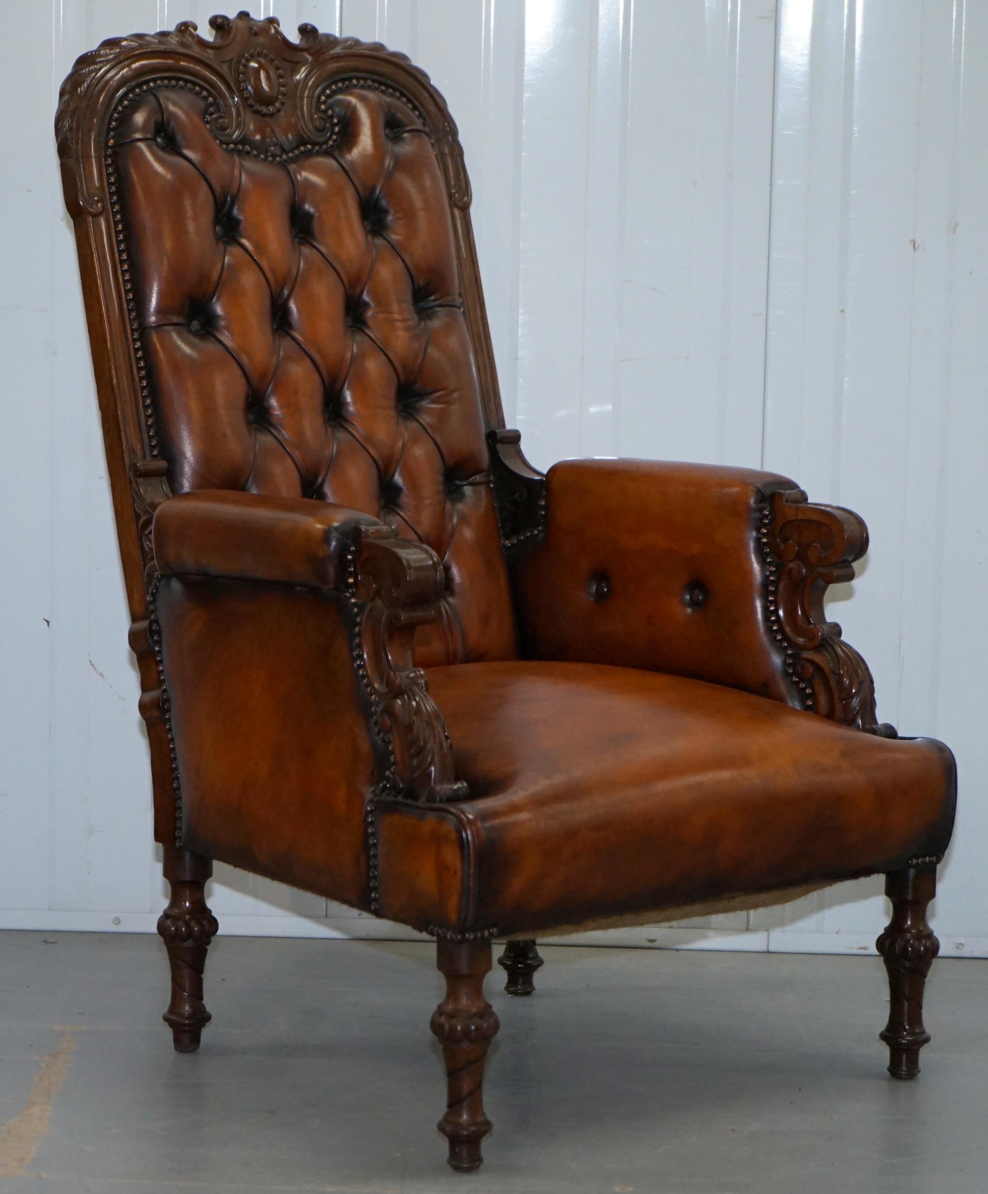 Pair of Fully Restored Show Wood Frame Chesterfield Leather Victorian Armchairs 8