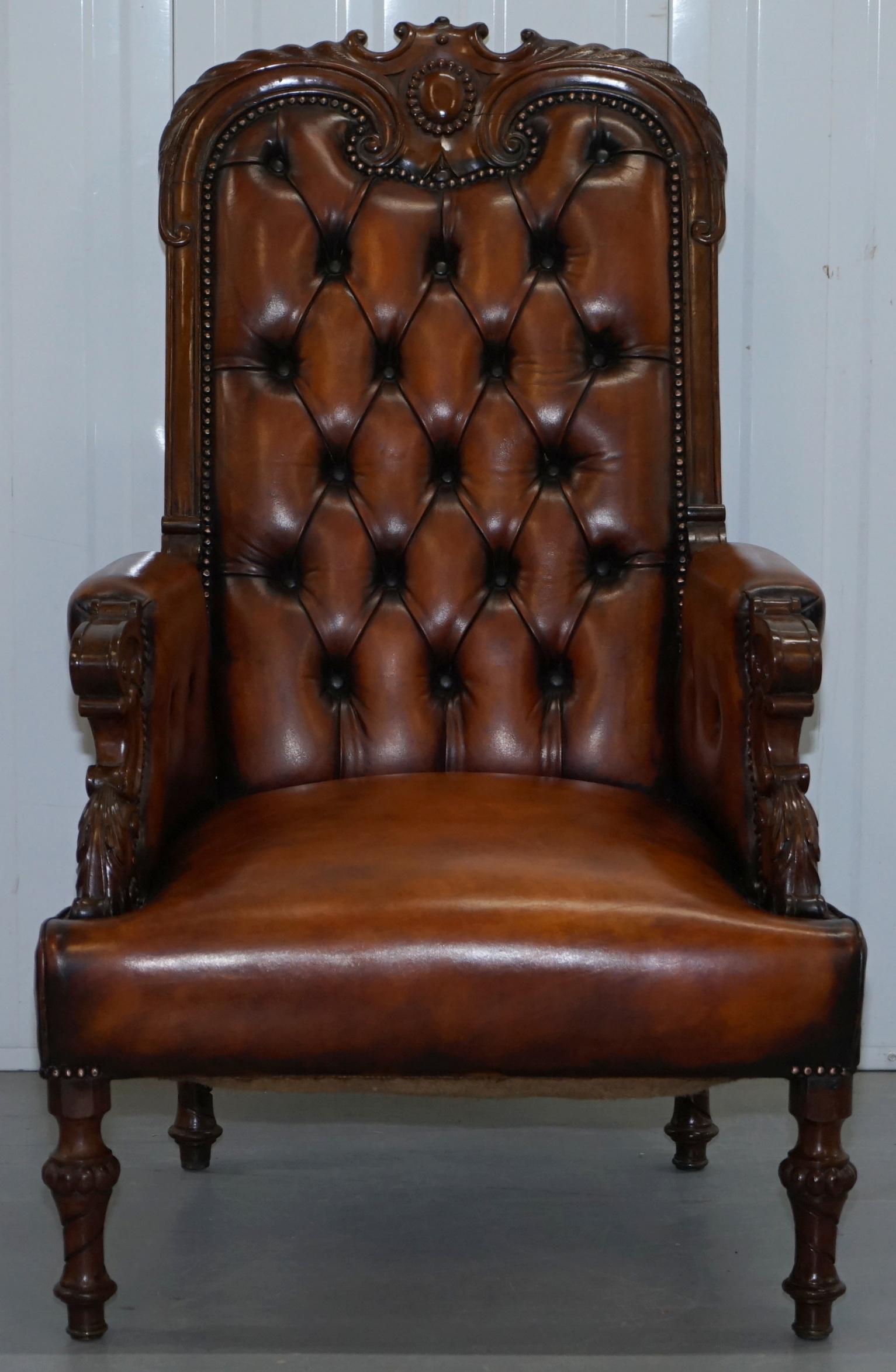 Pair of Fully Restored Show Wood Frame Chesterfield Leather Victorian Armchairs 9