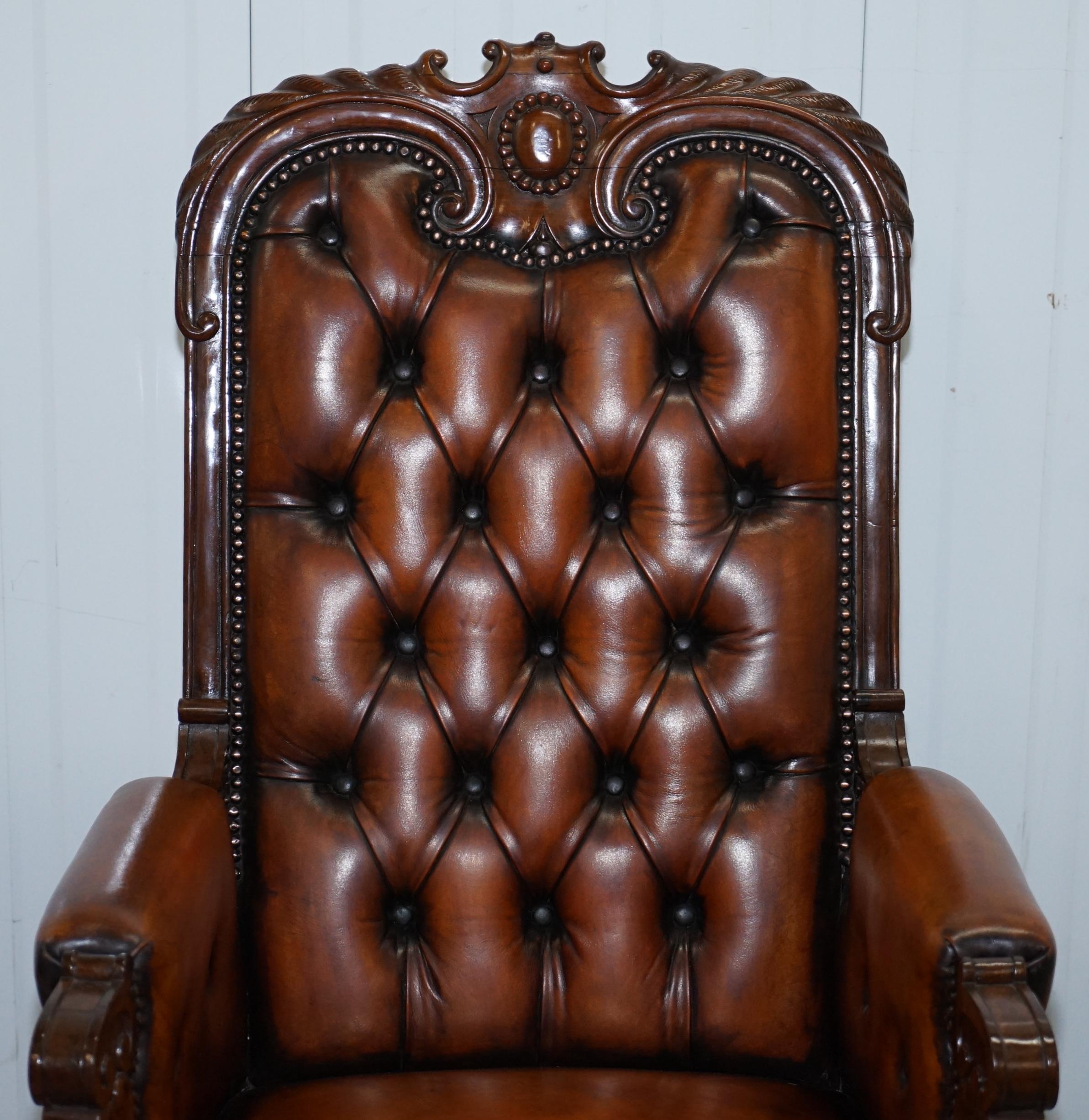 Pair of Fully Restored Show Wood Frame Chesterfield Leather Victorian Armchairs 10