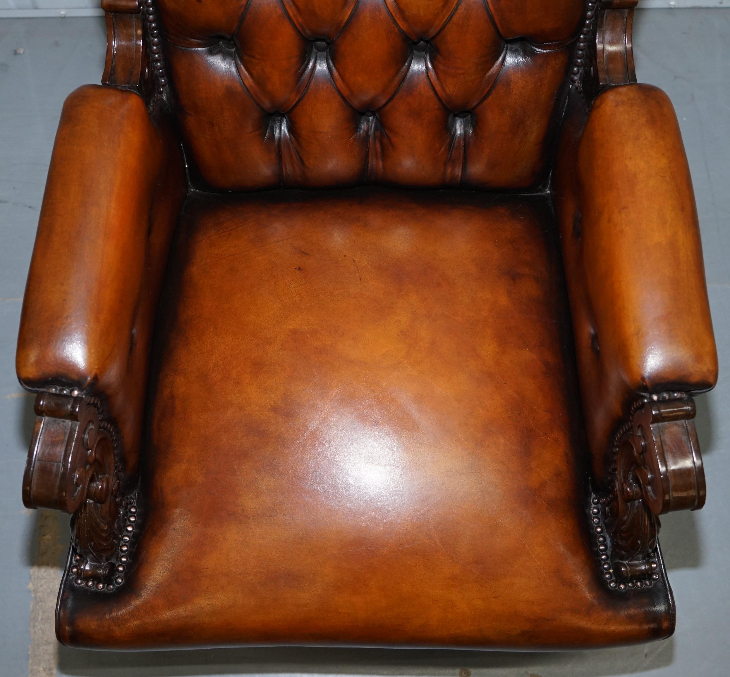 Pair of Fully Restored Show Wood Frame Chesterfield Leather Victorian Armchairs 12