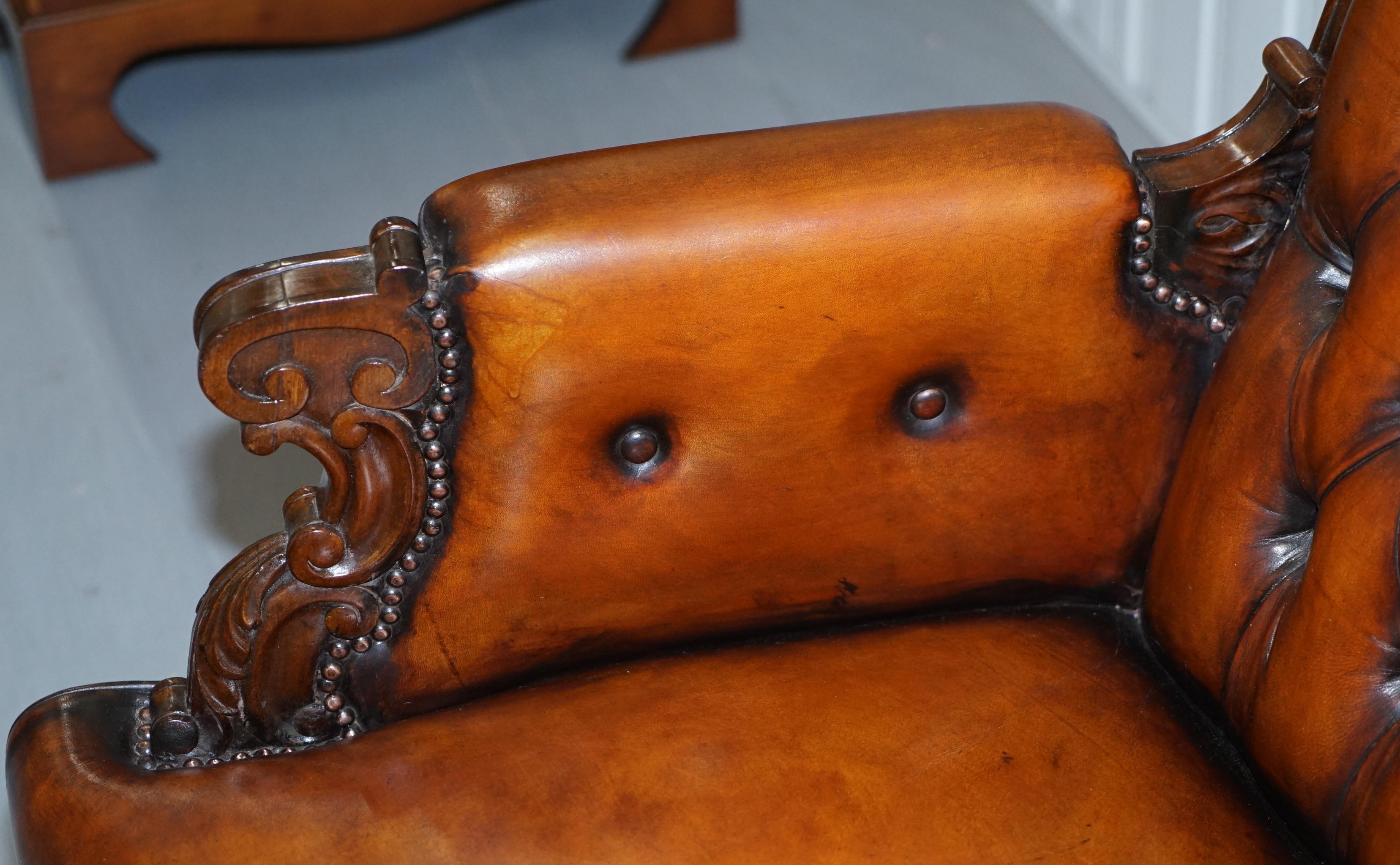 Pair of Fully Restored Show Wood Frame Chesterfield Leather Victorian Armchairs 13
