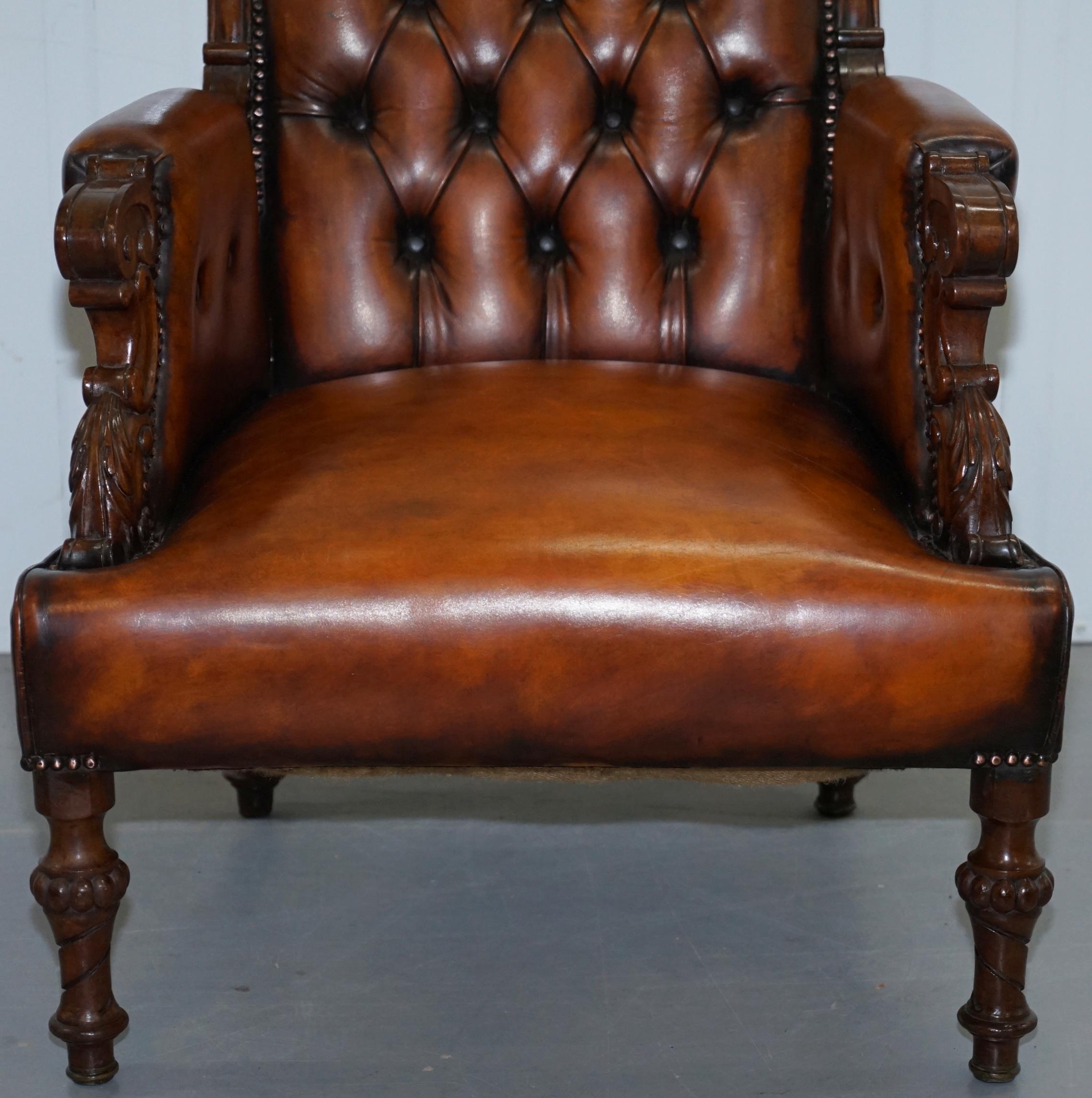 Pair of Fully Restored Show Wood Frame Chesterfield Leather Victorian Armchairs 14