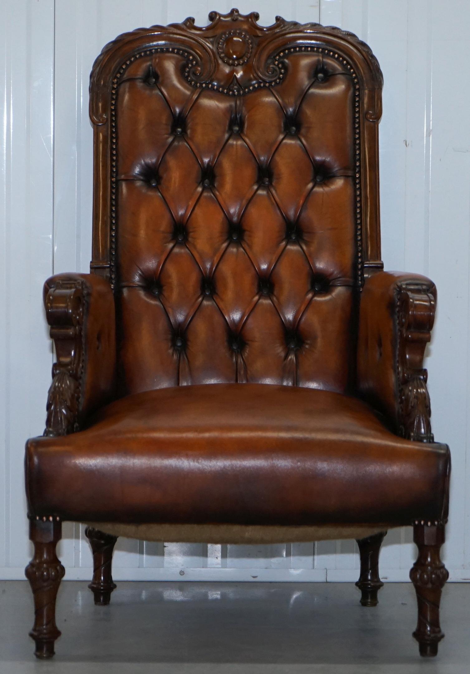Early Victorian Pair of Fully Restored Show Wood Frame Chesterfield Leather Victorian Armchairs