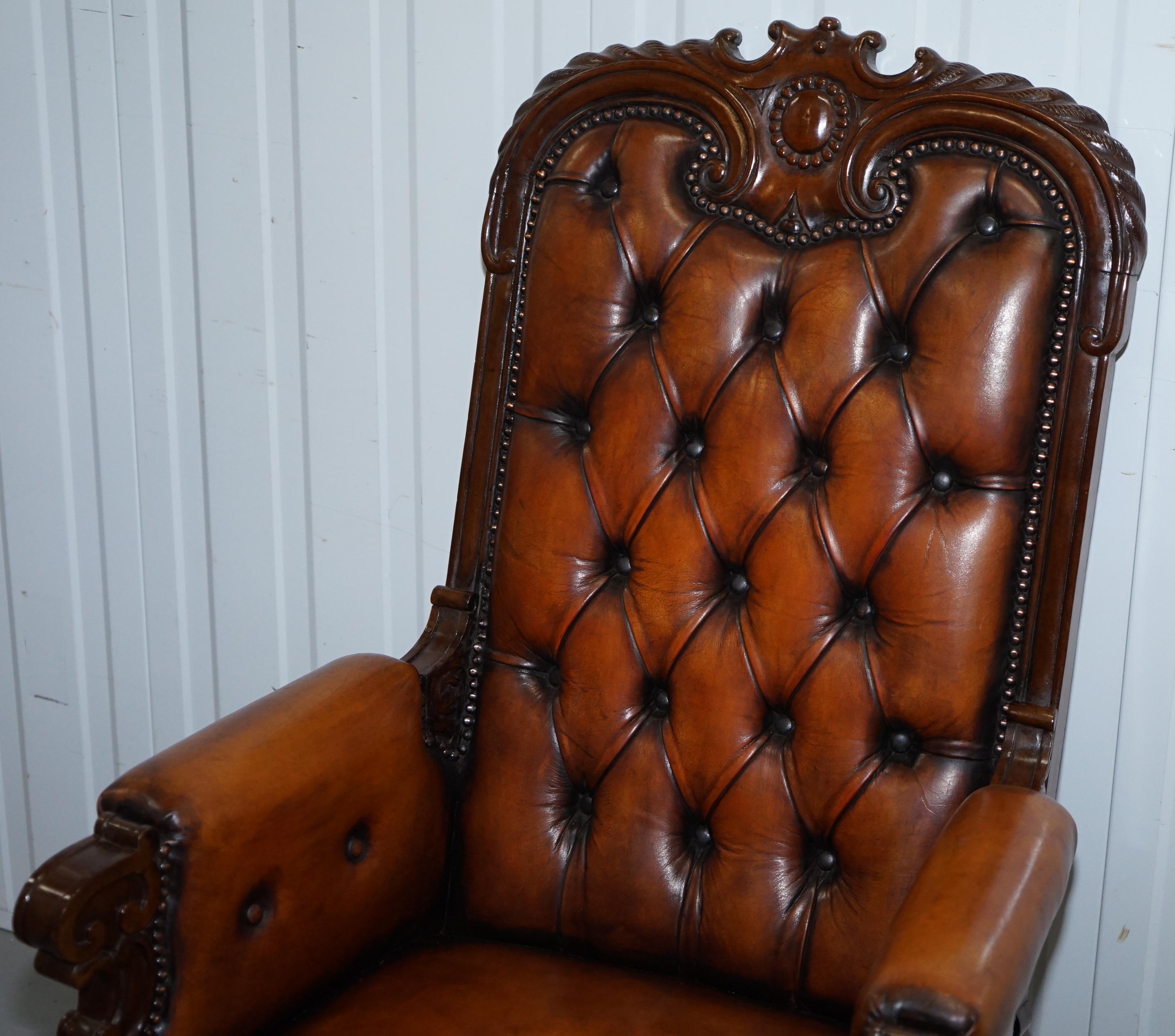 English Pair of Fully Restored Show Wood Frame Chesterfield Leather Victorian Armchairs