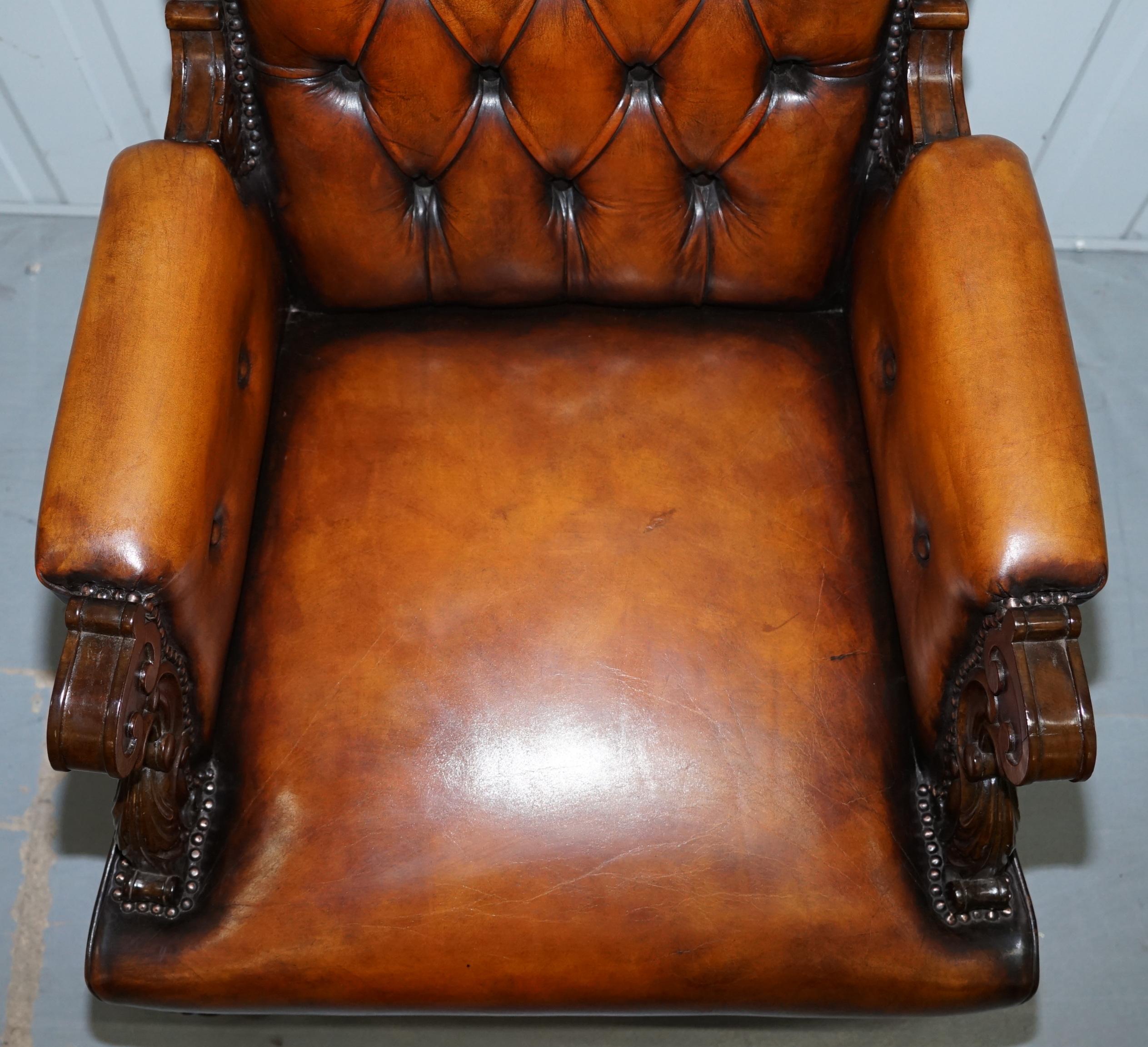 Mid-19th Century Pair of Fully Restored Show Wood Frame Chesterfield Leather Victorian Armchairs
