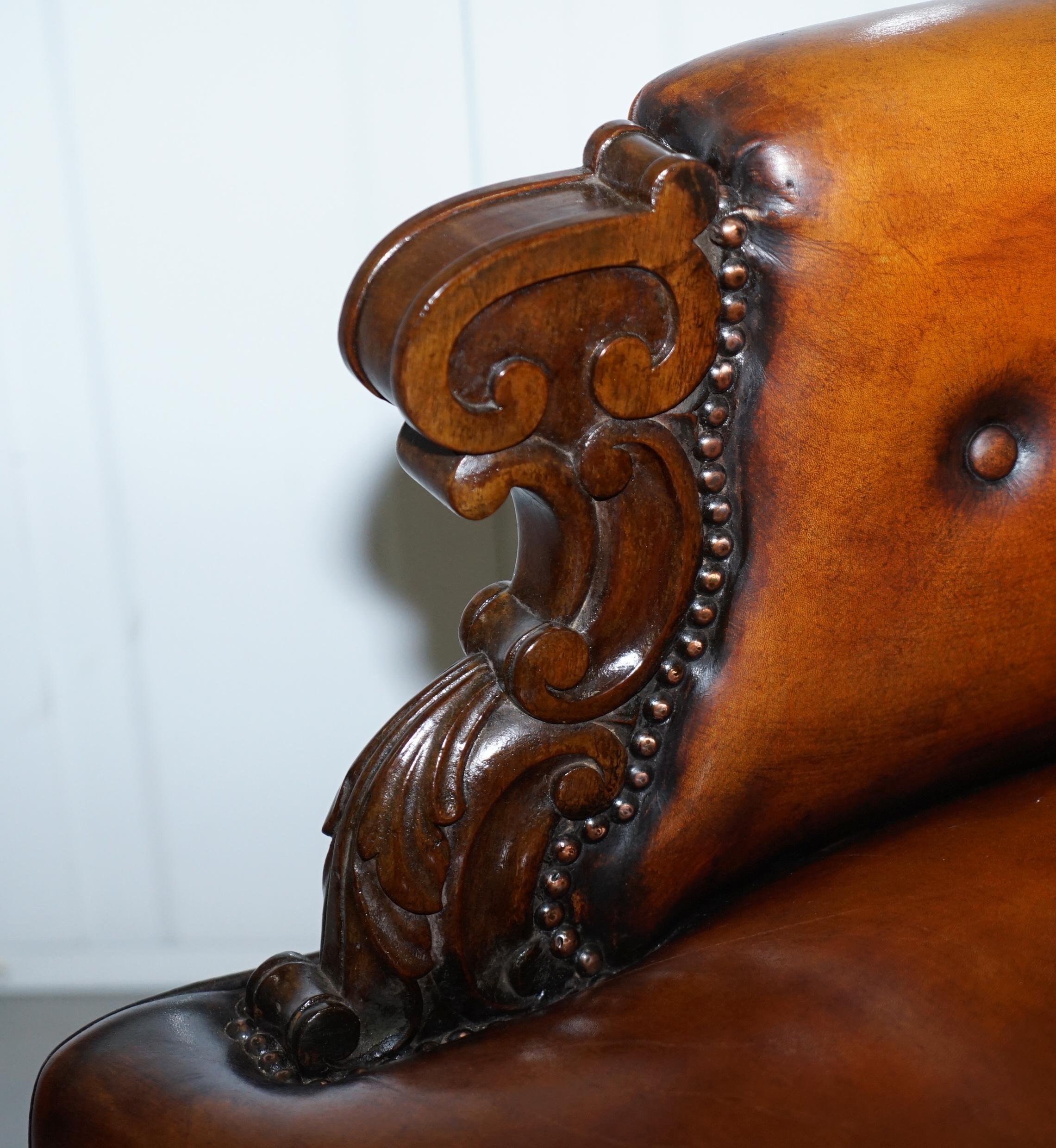 Pair of Fully Restored Show Wood Frame Chesterfield Leather Victorian Armchairs 1