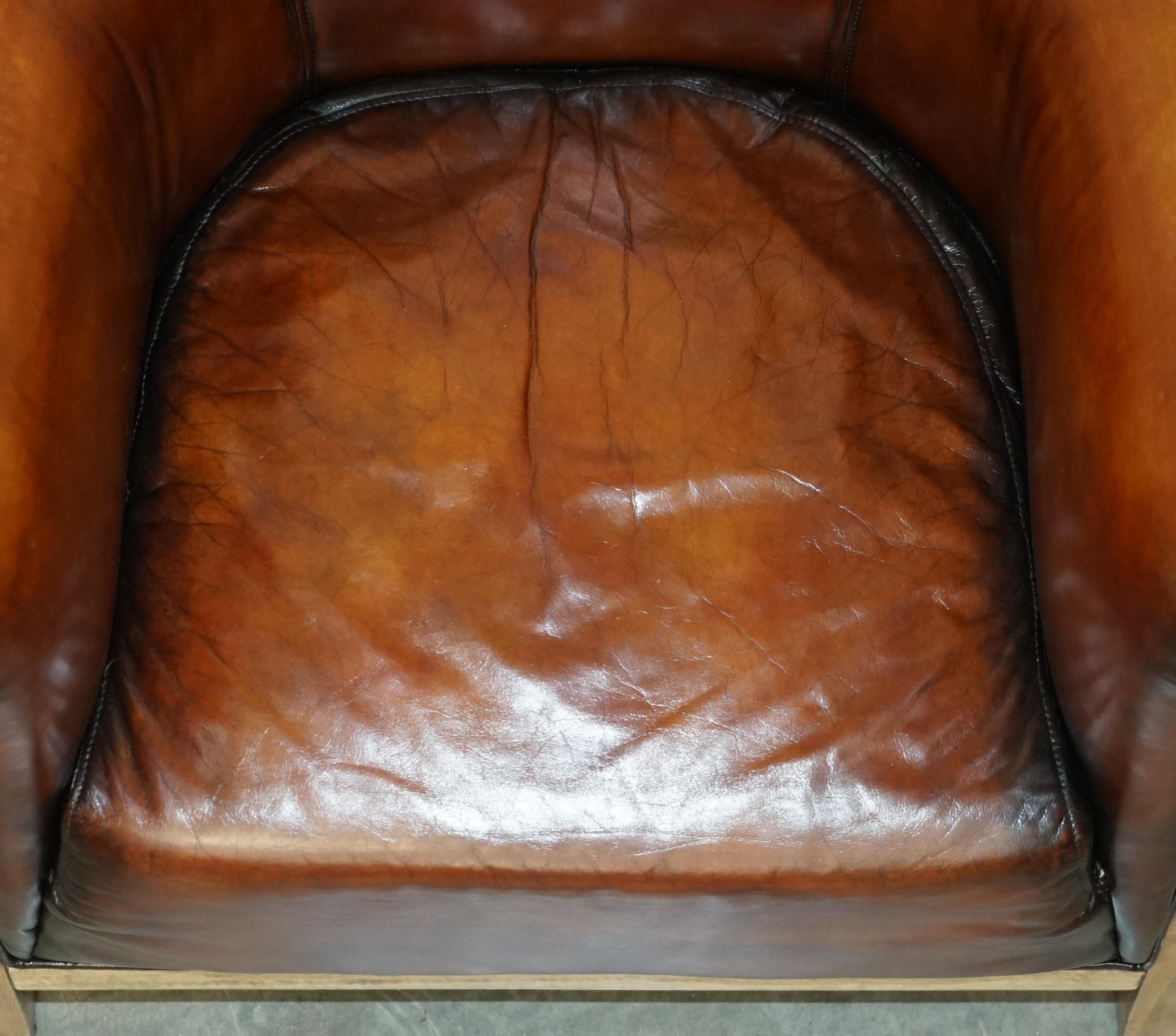 PAIR OF FULLY RESTORED STiTCHED BROWN LEATHER LIMED OAK TUB / CLUB ARMCHAIRS For Sale 3